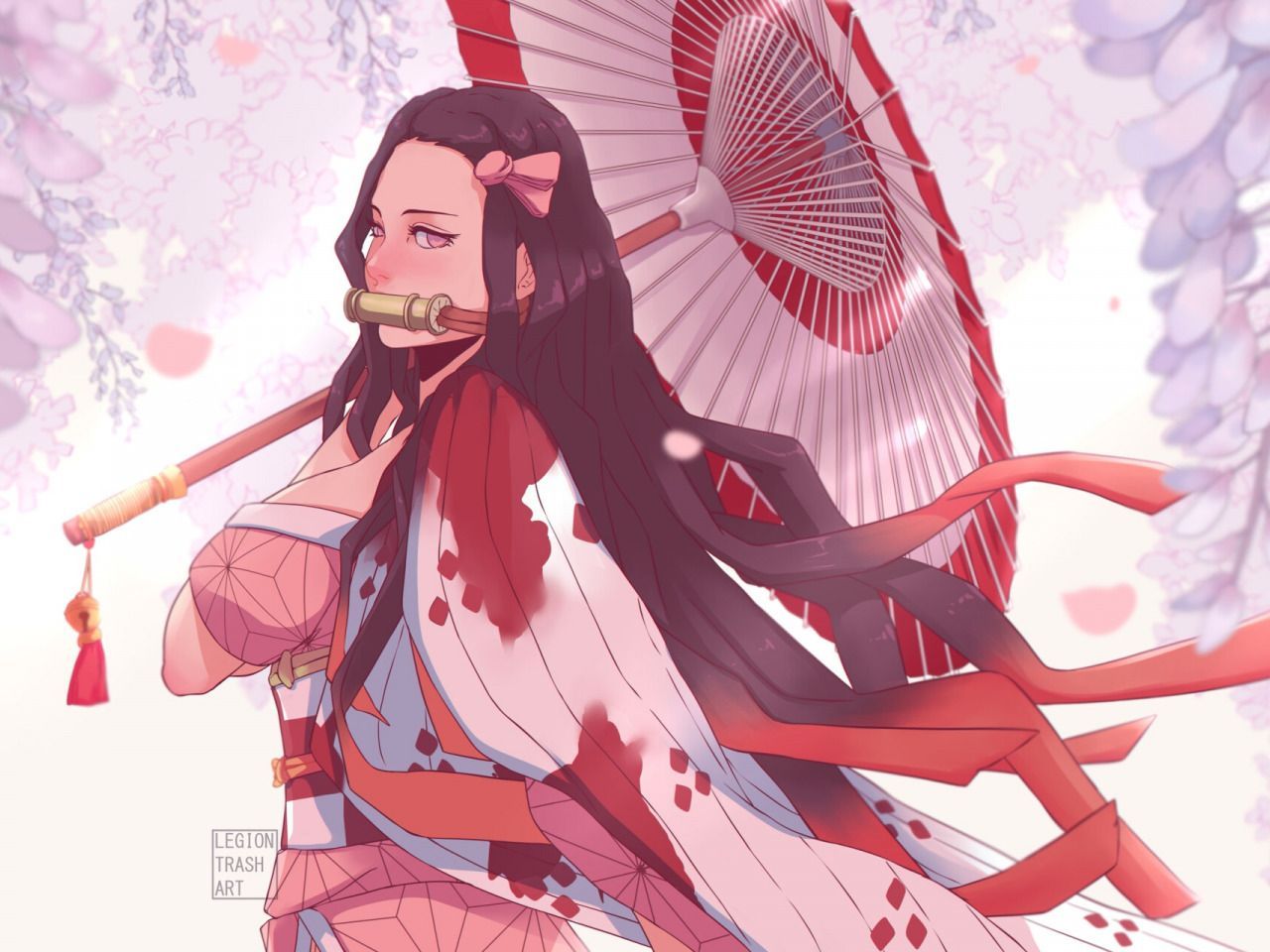 1280x960 Download wallpaper Umbrella, Fantasy, Illustration, Characters, Illustration, Nezuko Kamado, Aesthetics, Oni, section art in resolution 1280x960