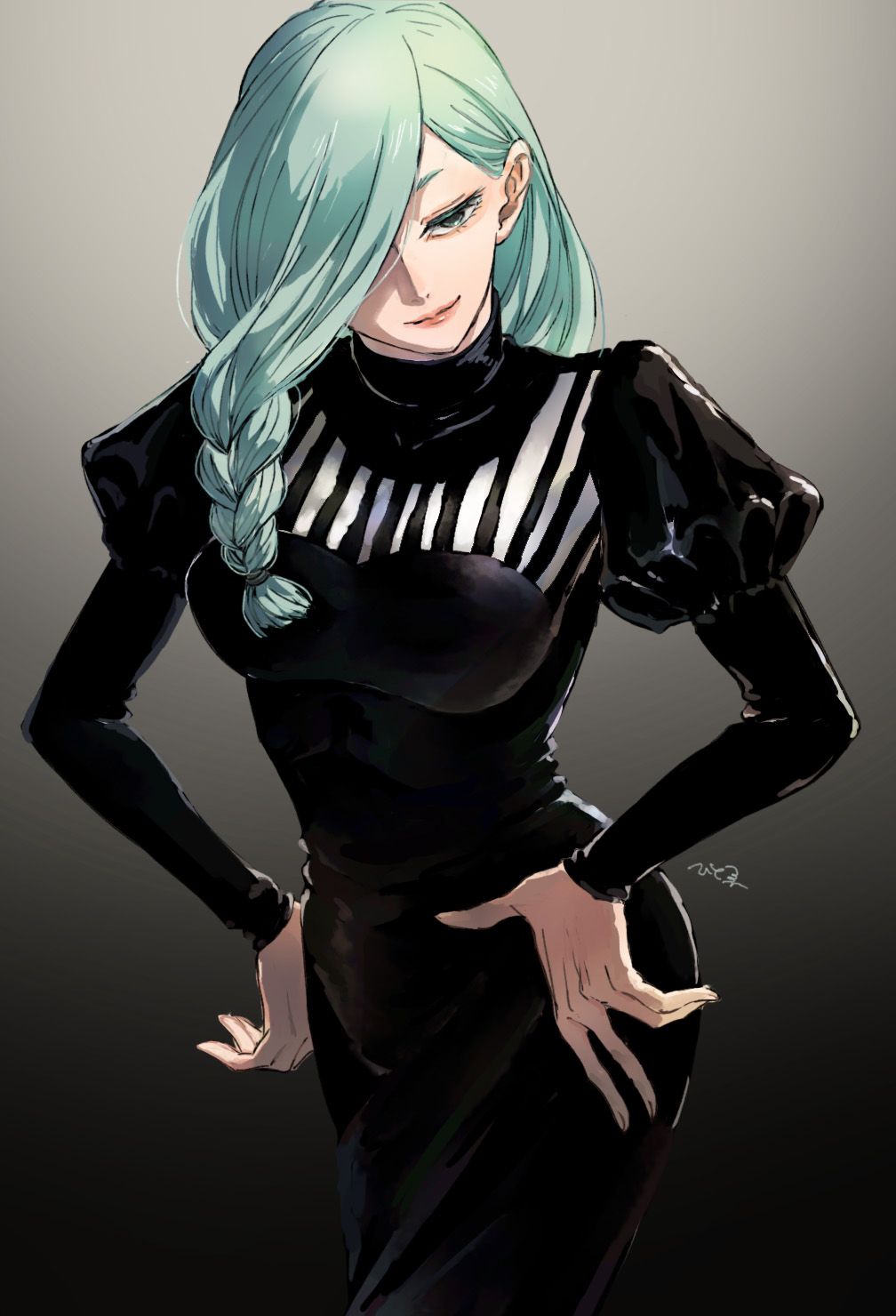 1008x1480 braids, blue hair, hair over one eye, bangs, long hair, curvy, big boobs, hands on hips, solo, smiling, thighs, Jujutsu Kaisen, black dress, aqua eyes, long sleeves, anime girls, Mei Mei Jujutsu