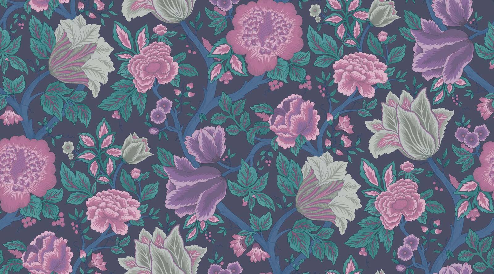 1600x889 Midsummer Bloom 4015 Wallpaper. Green, Blue And Purple Traditional Floral Wallpaper