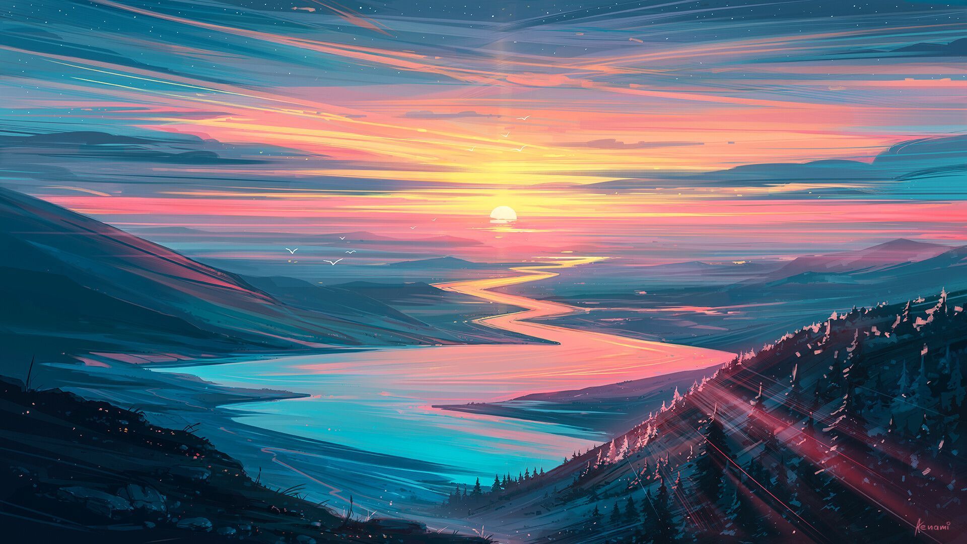 1920x1080 Painting Landscape Painting Sunrise Cloud Atmosphere Full HD