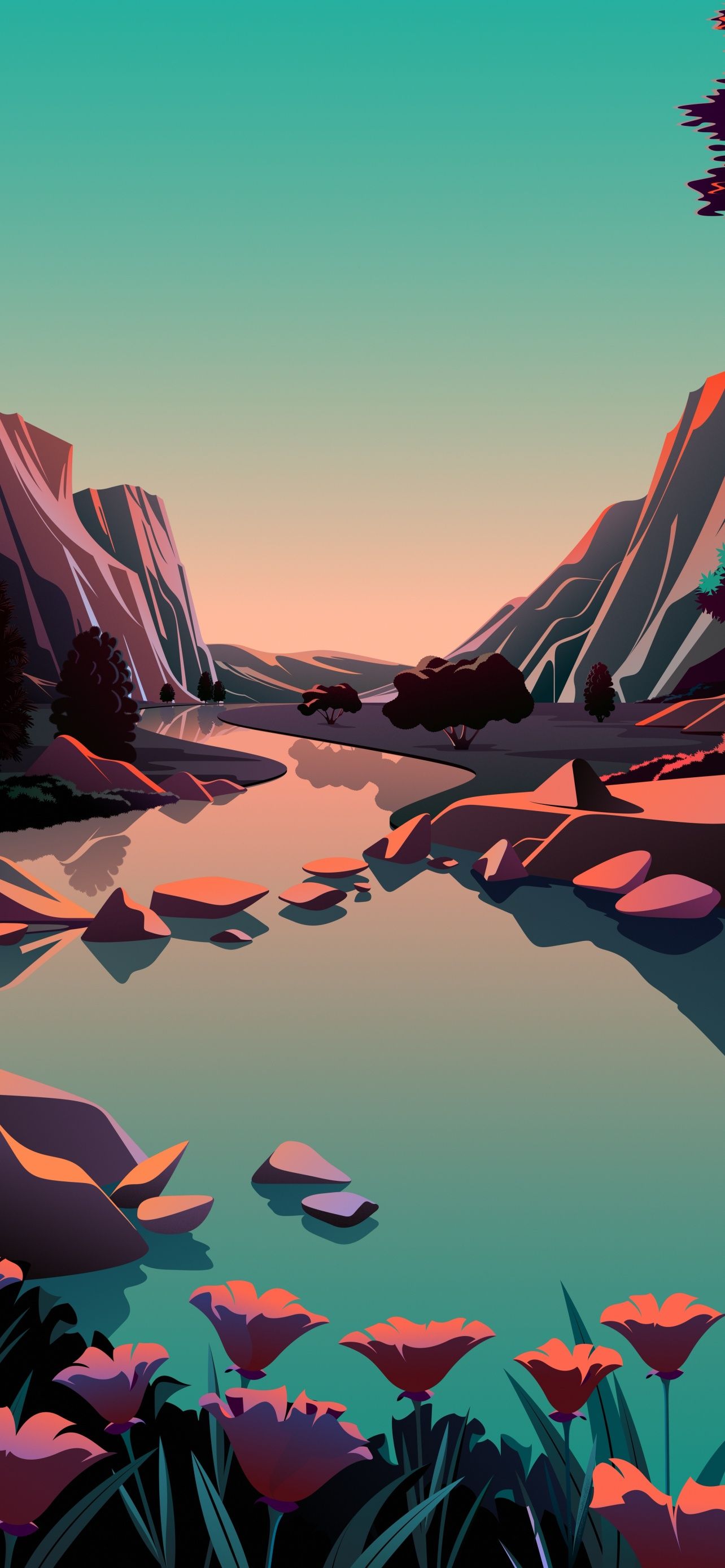 1284x2778 macOS Big Sur Wallpaper 4K, Mountains, River, Rocks, Sunrise