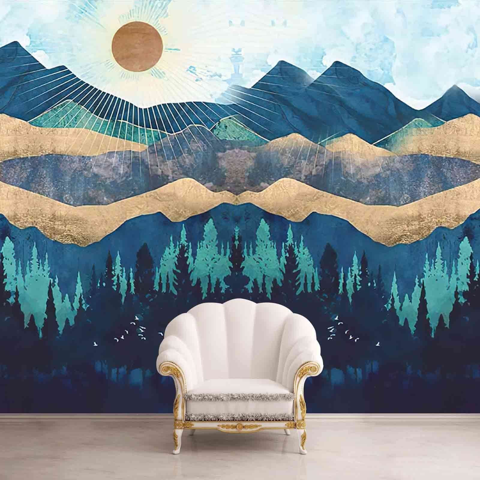 1600x1600 3D Sunrise Mountain Wall Mural Wallpaper, Abstract Painted Painting Art Self Adhesive Peel And Stick PVC Wallpaper For Living Room Bedroom TV Background Office Restaurant Motif Room 118 W X 82.6