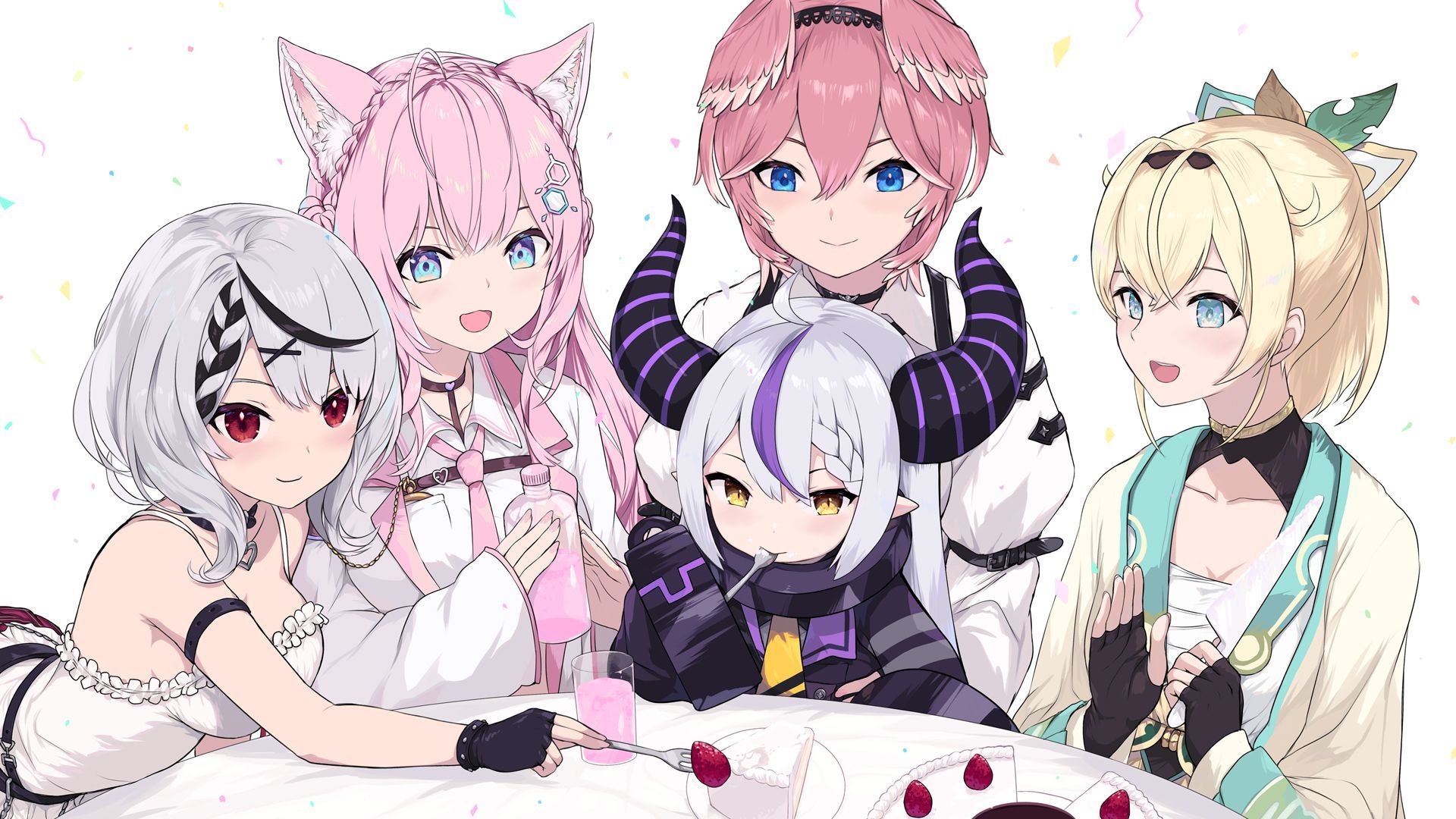 1920x1080 cait hololive hakui koyori kazama iroha la+ darknesss sakamata chloe takane lui horns pointy ears sarashi wallpaper