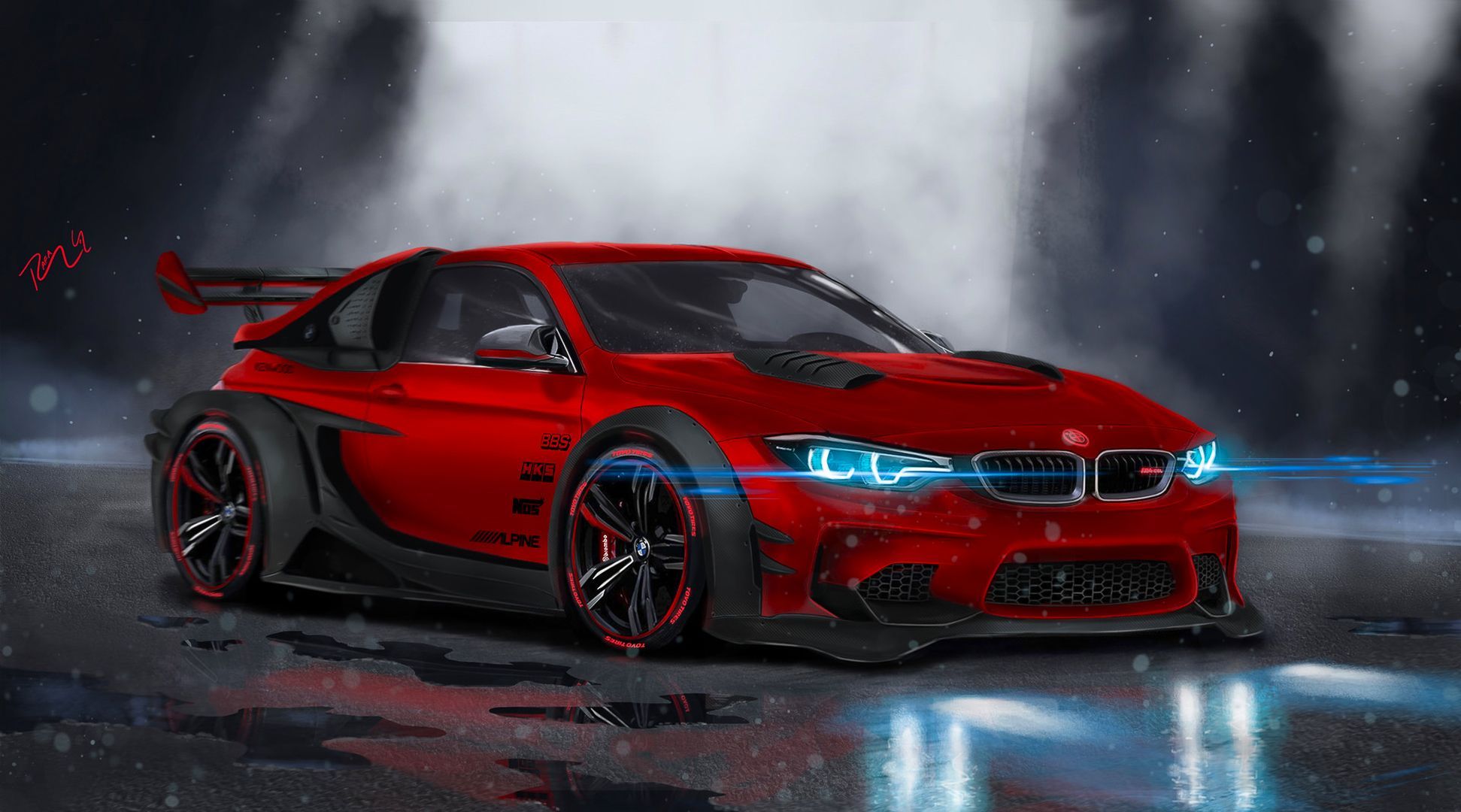 1943x1080 Download wallpaper BMW, Red, Car, Front, Neon, Sport, Customs, section bmw in resolution 1943x1080