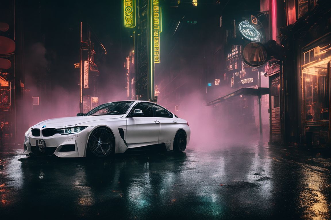 1152x768 Rough Raven920: White BMW In A Neon Steam Punk City. Glossy Car, Wet Road, Harsh Neon Lights & Steam Punk City. Captivating, Surreal & Cinematic