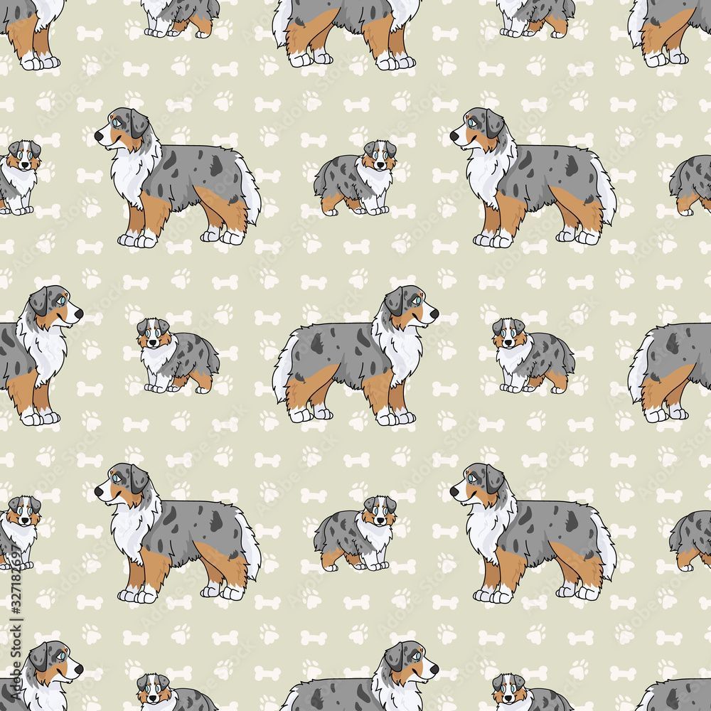 1000x1000 Hand drawn cute australian shepherd breed dog seamless vector pattern. Purebred pedigree domestic dog on paw background. Dog lover Australia pet all over print. Kennel pooch. EPS 10. Stock Vector