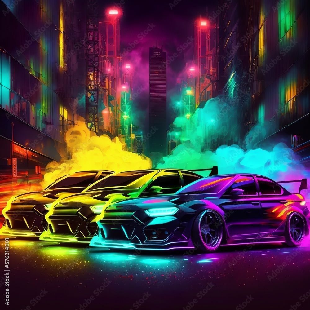 1000x1000 Green yellow red purple sport sedans in neon lights garage. Street racing inconcept. with burning sky and road in town between buildings wallpaper lamp nitro exhaust powder smoke Generative AI Stock Illustration