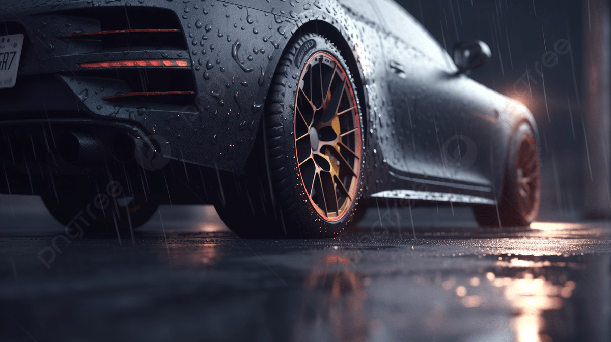 1200x673 An Image Of A Black Supercar With Rain On It Background, 3D Render Car Tires Rolling On Wet Asphalt In The Rain With A Thunderstorm In 4k, HD Photography Photo Background Image