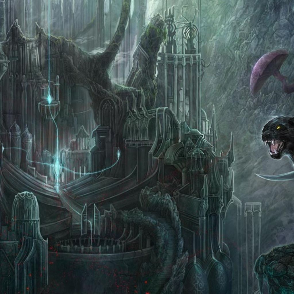 1024x1024 Download wallpaper the city, elf, Panther, swords, dark elf, illustration to the book, Robert Salvatore, Drizzt Do'urden, section fantasy in resolution 1024x1024