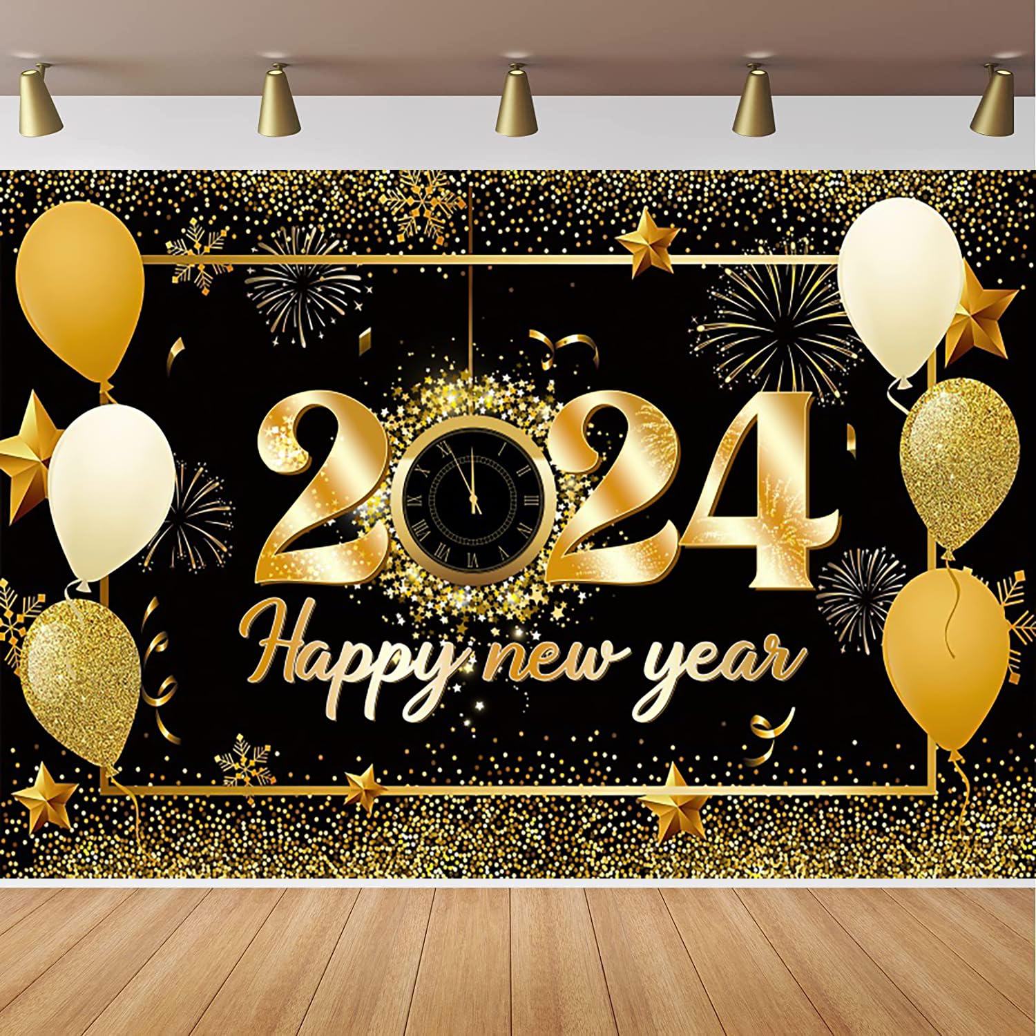 1500x1500 15x10ft Happy New Year 2024 Backdrop New Year Eve Black Gold Photography Background Banner New Year Merry Xmas Holiday Family Video Wallpaper Photo Studio Props : Office Products
