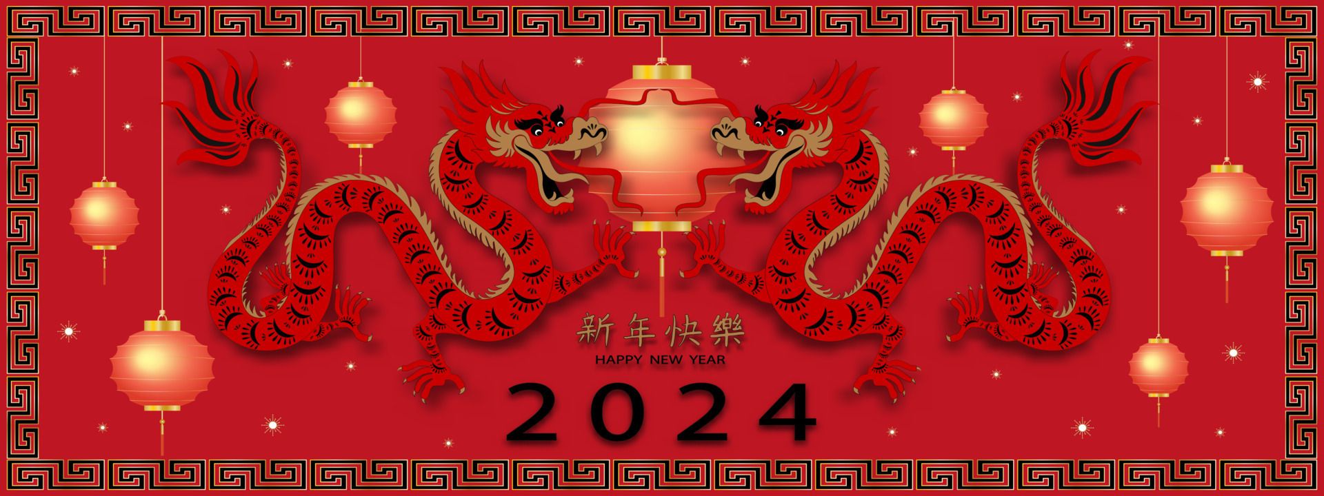 1920x720 Happy Chinese New year Red Dragon Zodiac Sign with Lunar Lantern paper cut on red background, Asian Dragon elements on gold wallpaper design.Translation, Happy New year 2024 year of the dragon 23586481 Vector Art