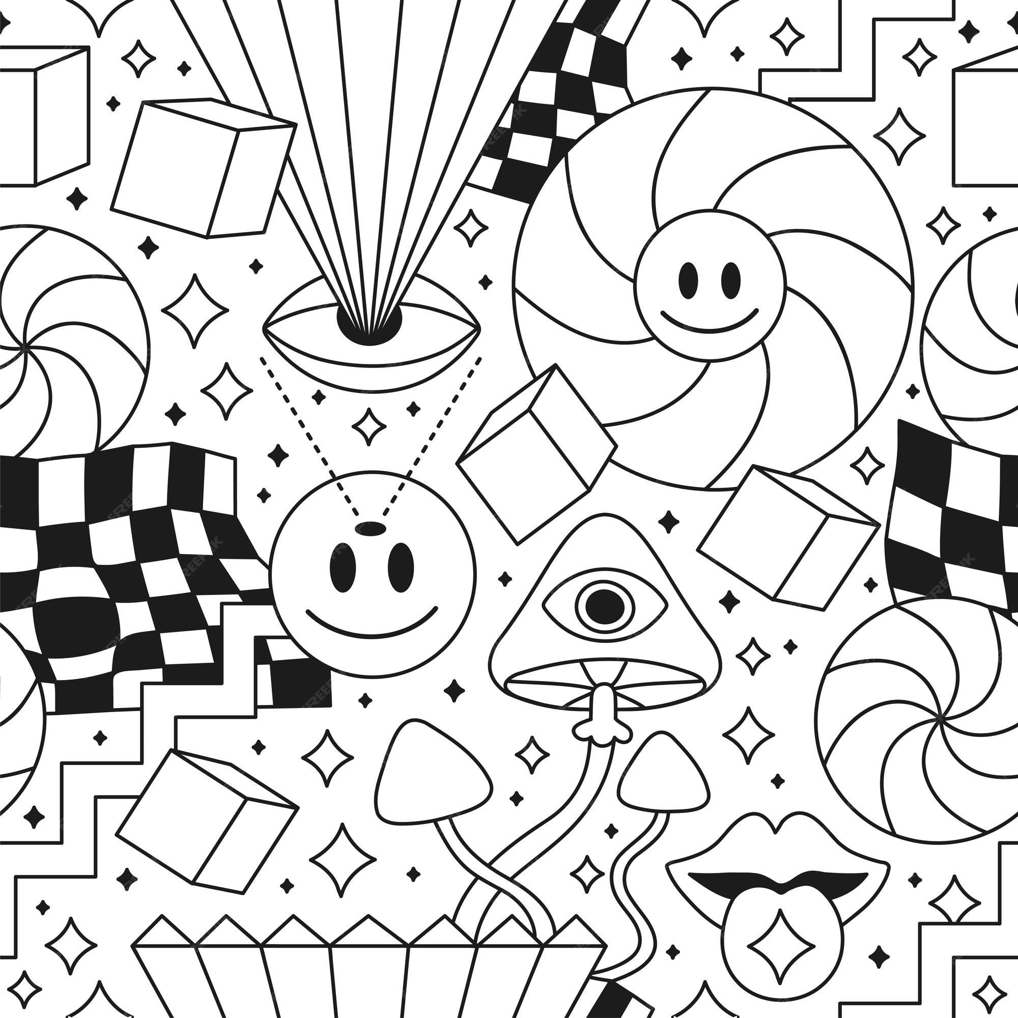 2000x2000 Premium Vector. Trippy psychedelic geometry coloring page seamless patternvector crazy cartoon character illustrationsmile groovy facesacidtrippycells seamless pattern wallpapercoloring book print concept