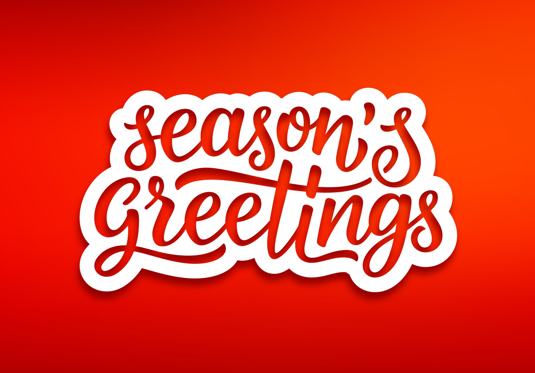 2074x1445 Seasons greetings text on white paper label with carving over red background. Modern calligraphy lettering on sticker for season greetings. Vector background • Vermatech Pest Control