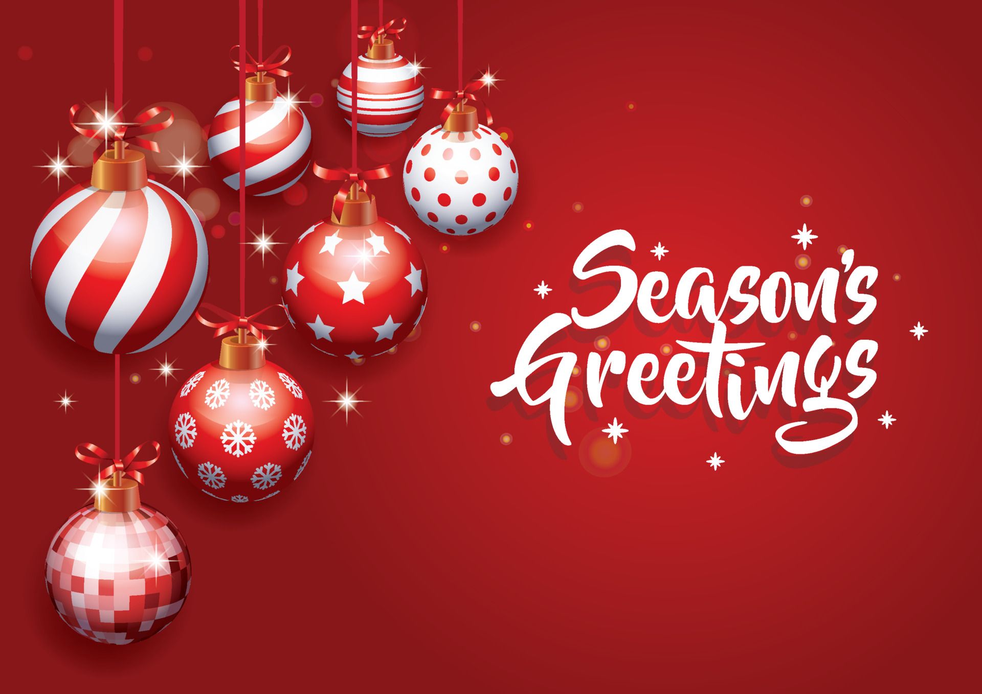 1920x1358 Seasons greetings Realistic different Christmas ball ornaments on red background