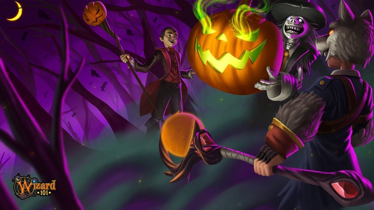 1200x675 Adam Roush on X: Here's the Halloween patcher as a wallpaper. Enjoy :) Wizard101 #wizard101 #videogames #pumpkin #fantasyart #halloween #forest #art #illustration #vampire #werewolf #spookybob #skeleton / X