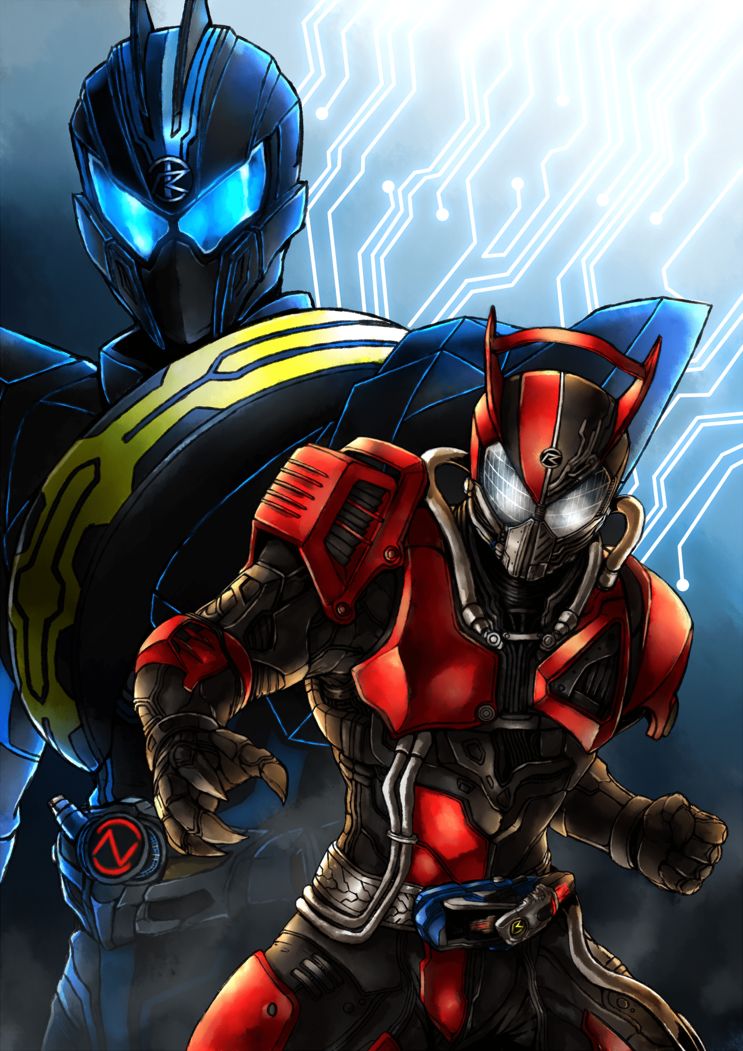 1500x2121 kamen rider drive and kamen rider dark drive (kamen rider and 1 more) drawn by yusuki_(fukumen)