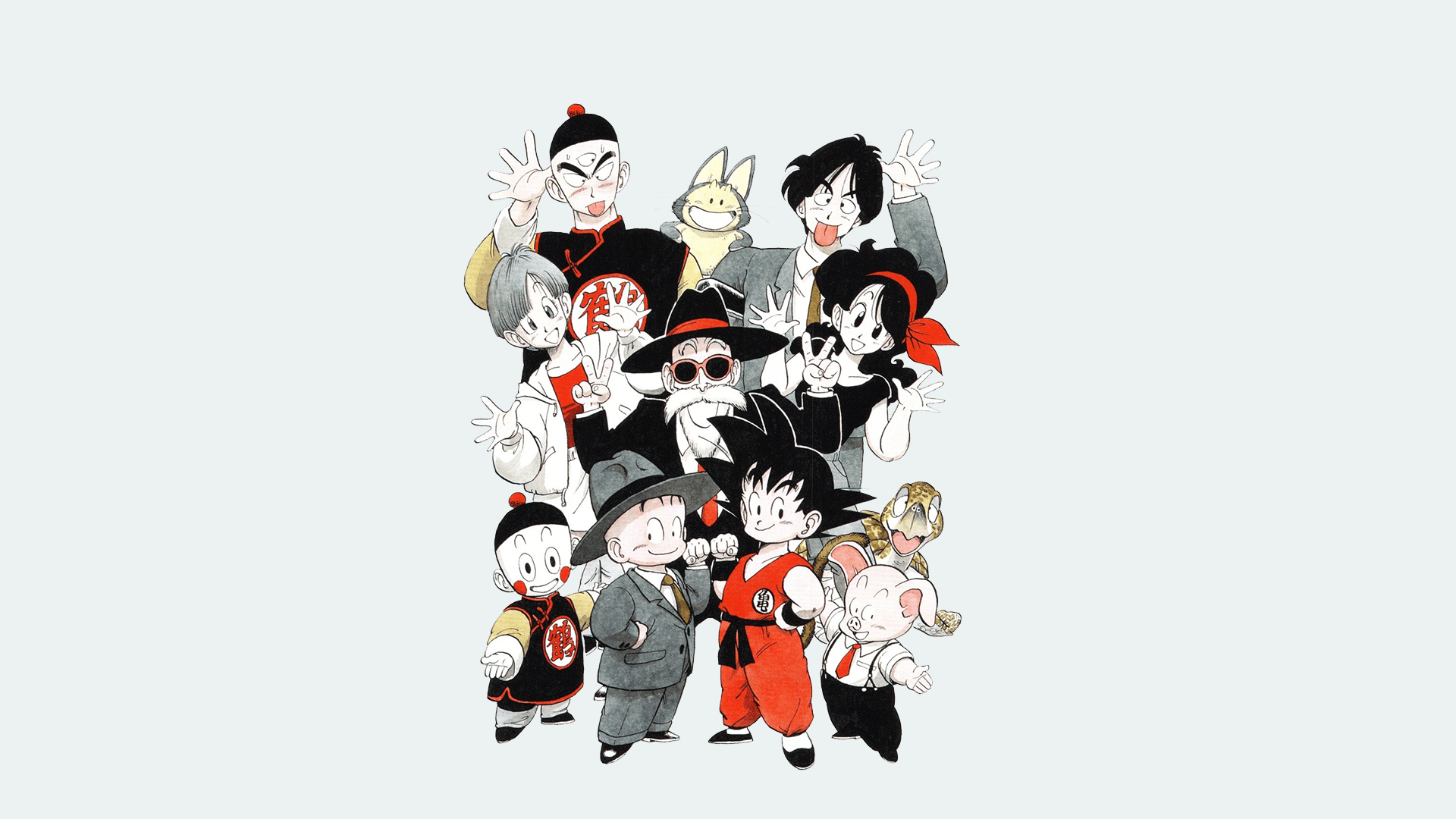 1920x1080 Dragon Ball, Son Goku, Kid Goku, Krillin, Young Bulma, Bulma, Tien Shinhan, Yamcha, Master Roshi, Lunch (Dragon Ball), manga, simple background, artwork, Puerh, gray background, minimalismx1080 Wallpaper