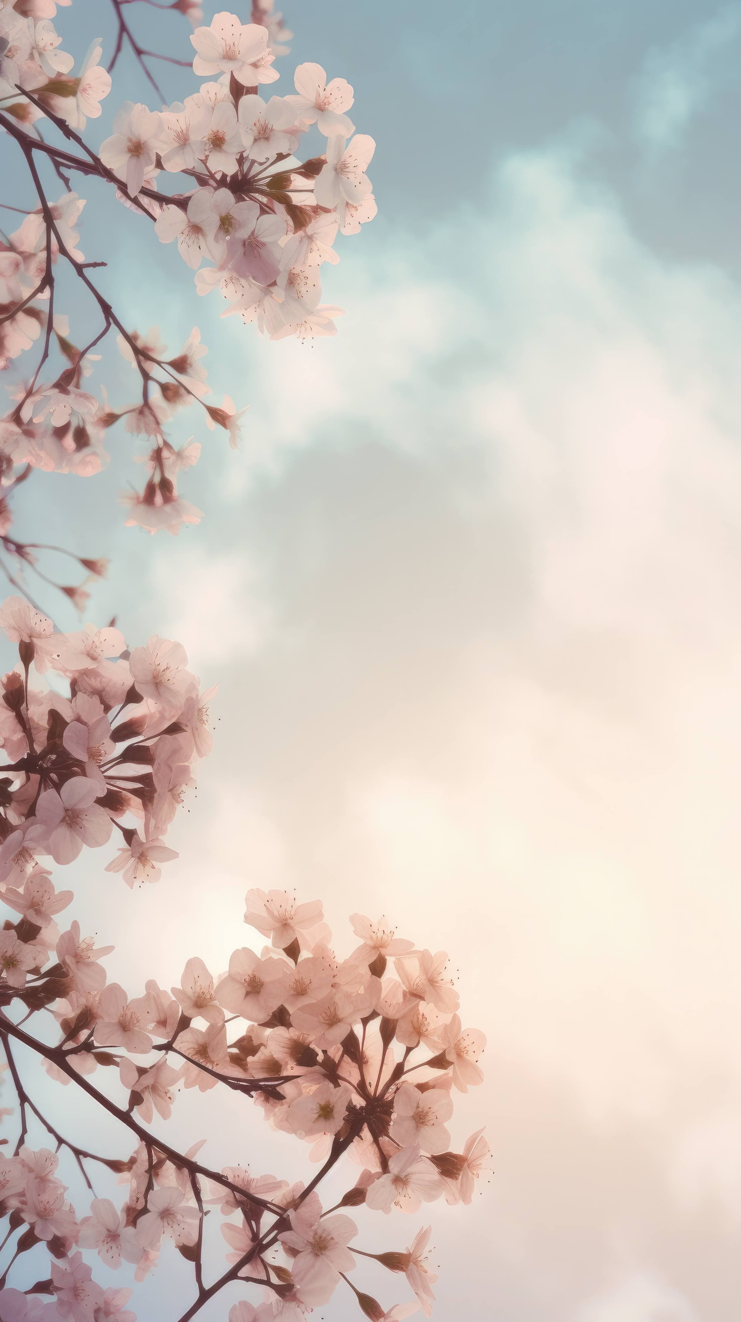 2448x4368 A dreamy floral wallpaper featuring delicate pink cherry blossoms against a hazy pastel sky