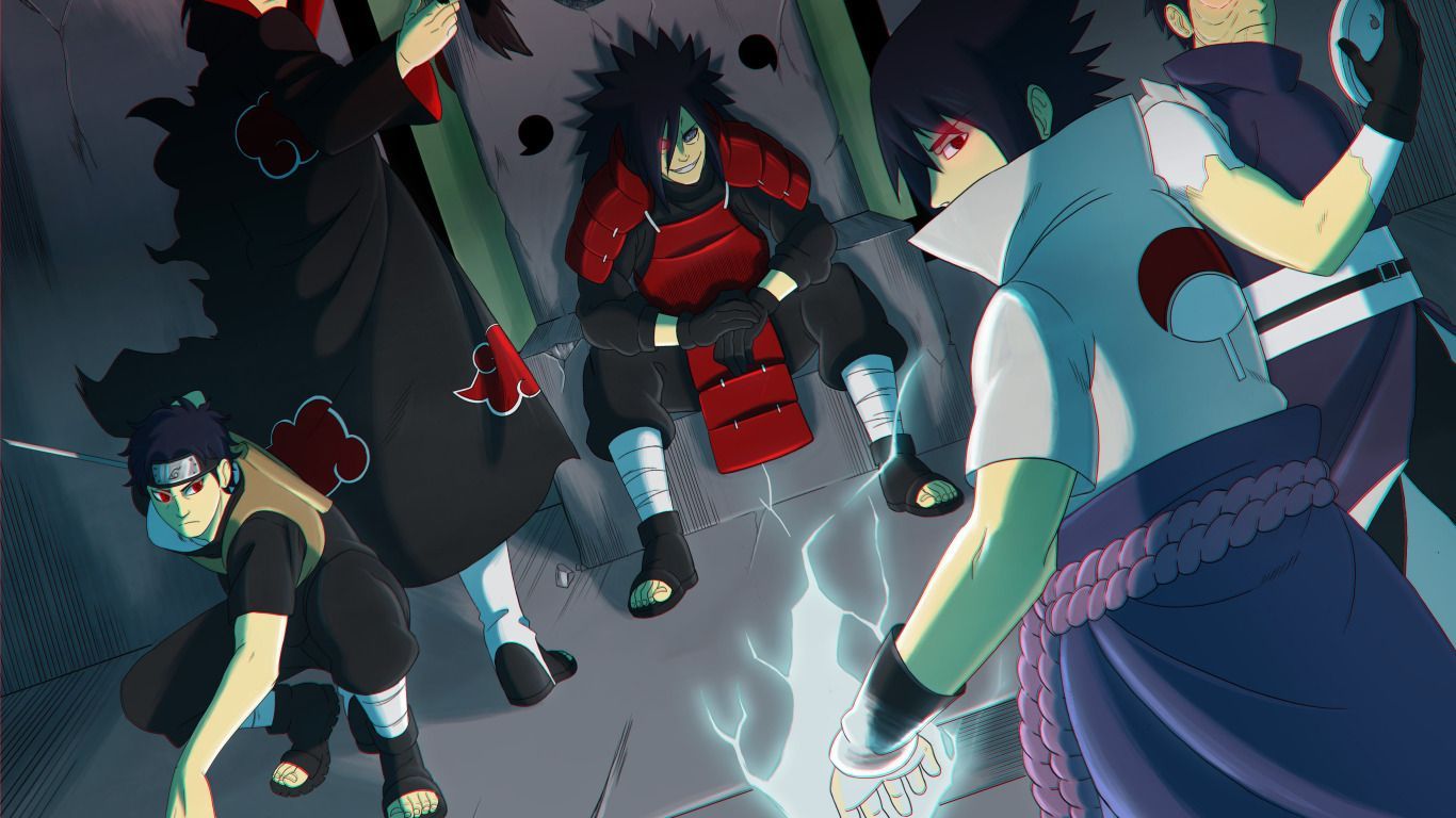 1366x768 Download wallpaper logo, game, Sasuke, Naruto, armor, crow, anime, man, section shonen in resolution 1366x768