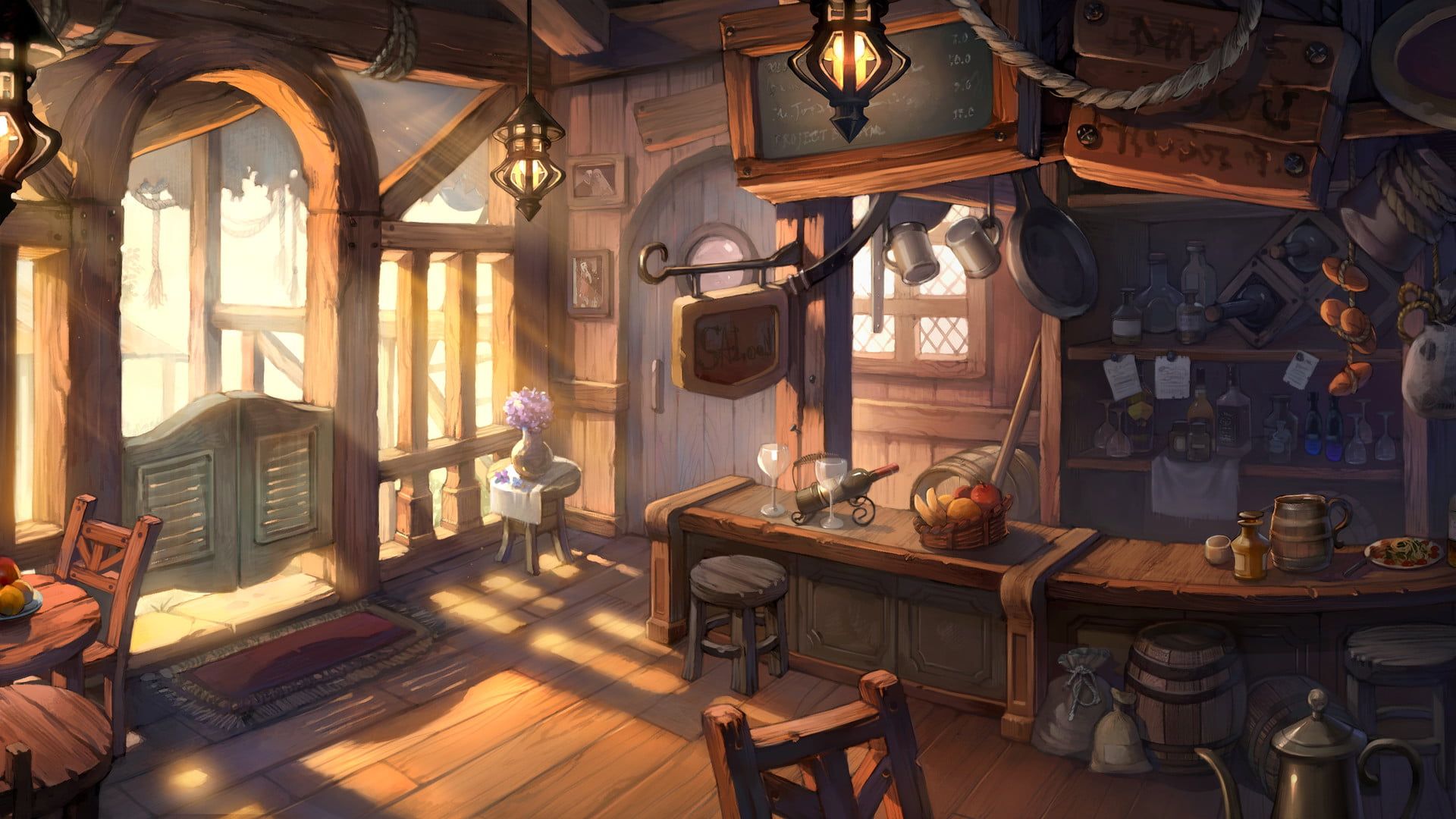 1920x1080 HD wallpaper: tavern, wood, sunlight, drawing, chair, wooden surface, baskets. Fantasy rooms, Concept art, Interior art
