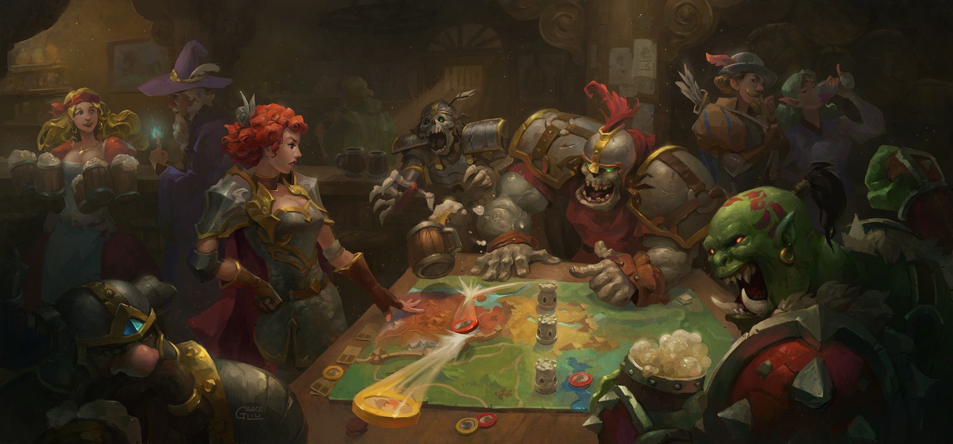 1920x896 warrior, fantasy girl, redhead, orcs, fantasy art, beer, map, dwarf, tavernx896 Wallpaper
