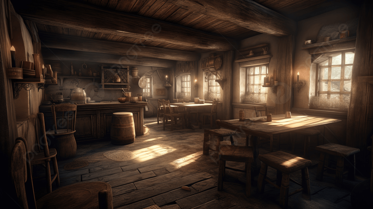 1200x673 Large Fantasy Kitchen With Wooden And Wooden Table And Chairs Background, Tavern Picture Background Image And Wallpaper for Free Download