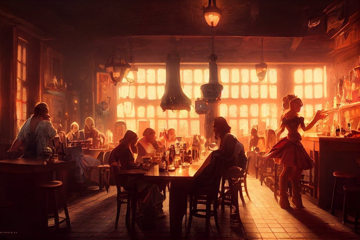 1152x768 prompthunt: 8k, octane, photorealistic, fantasy, tavern girl, in a town tavern by Stefan Koidl & Greg Rutkowski
