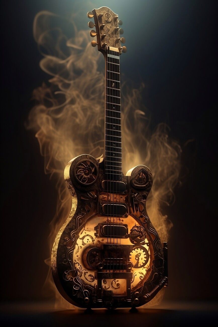 867x1300 An epic steampunk guitar with smoke and fire shooting out Wall Mural
