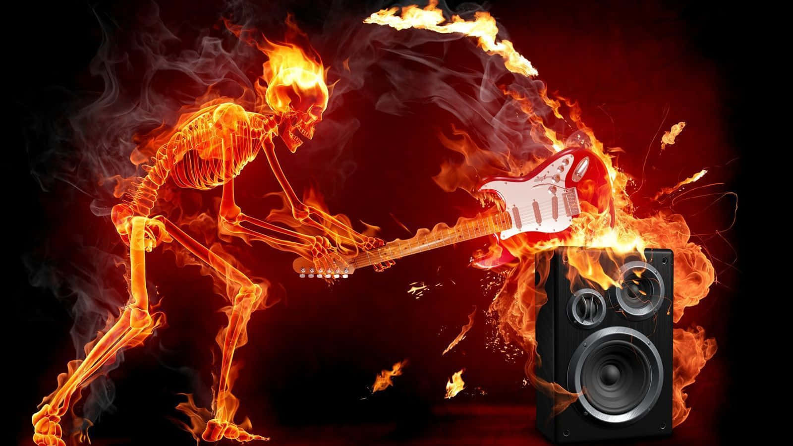 1600x900 Download A Skeleton Playing An Electric Guitar In The Fire Wallpaper