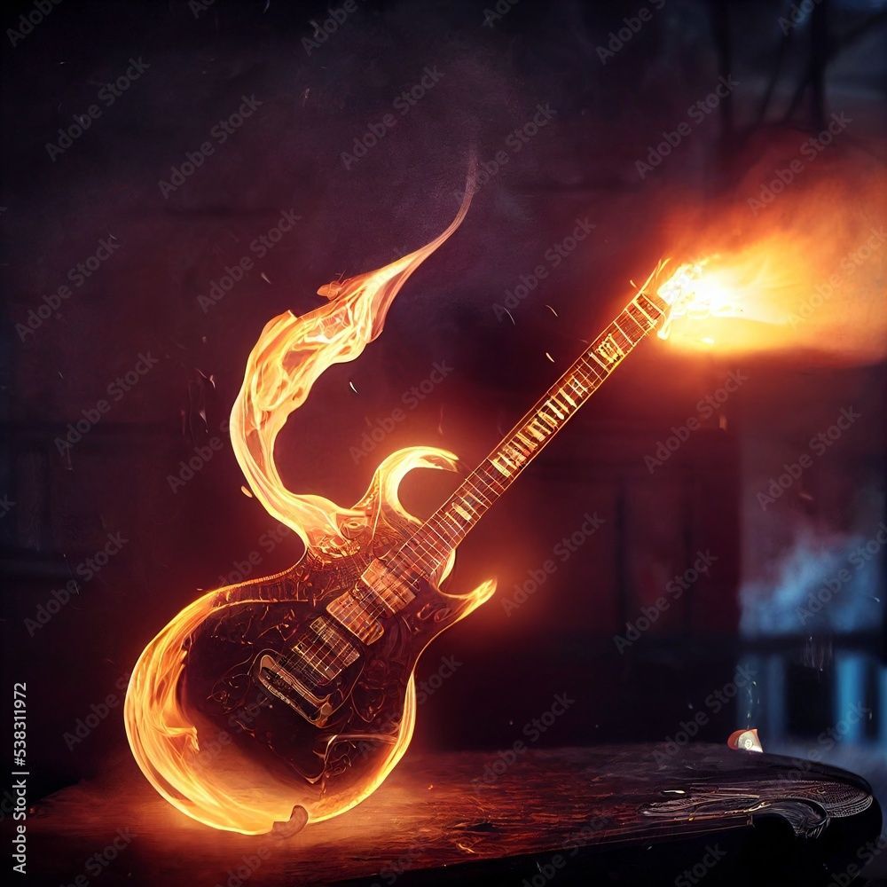 1000x1000 glowing burning electro guitar, fire, music, rock, generative ai Stock Illustration