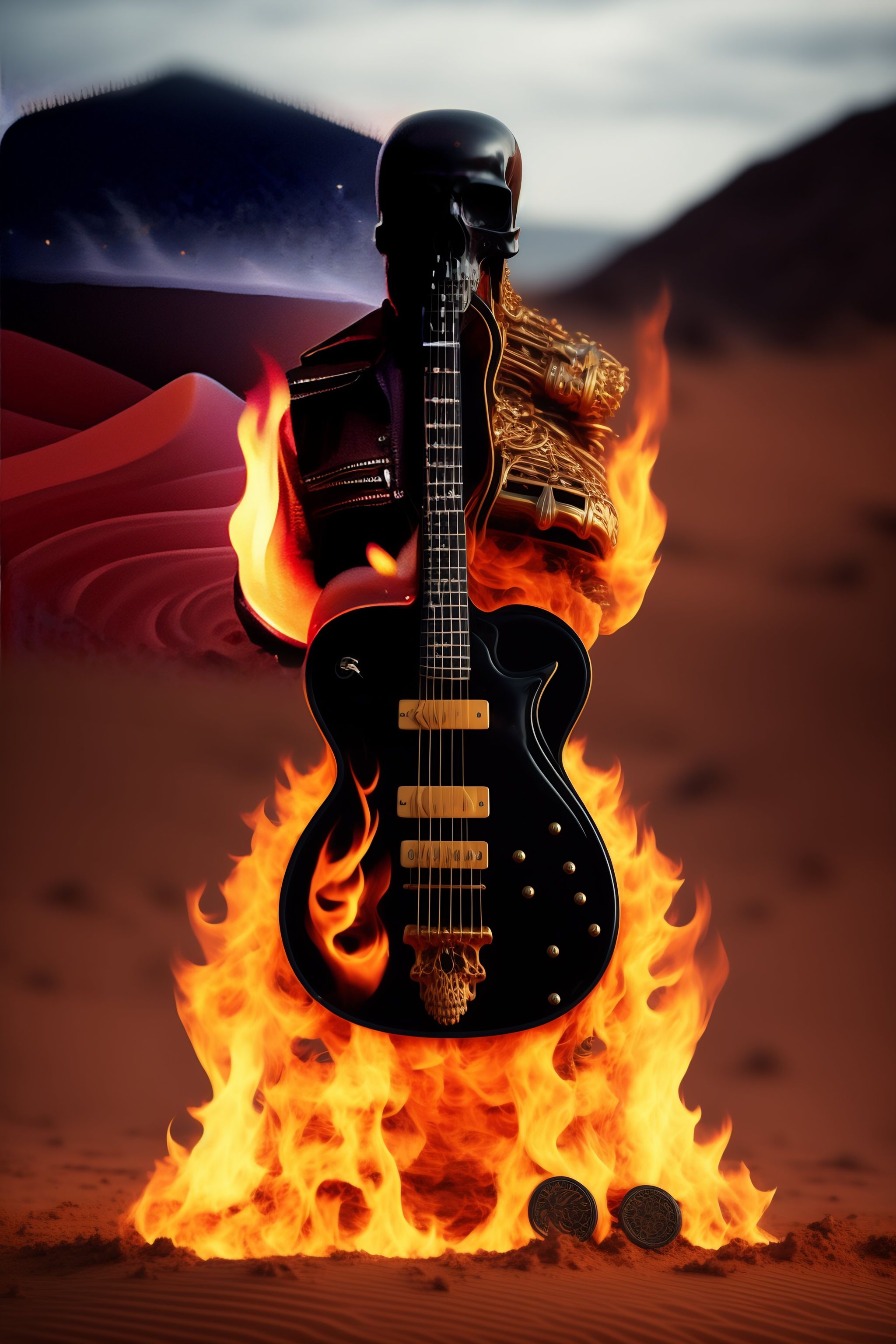 2048x3072 Lexica skull body stand cyberpunk holding fire guitar desert realistic full HD rain
