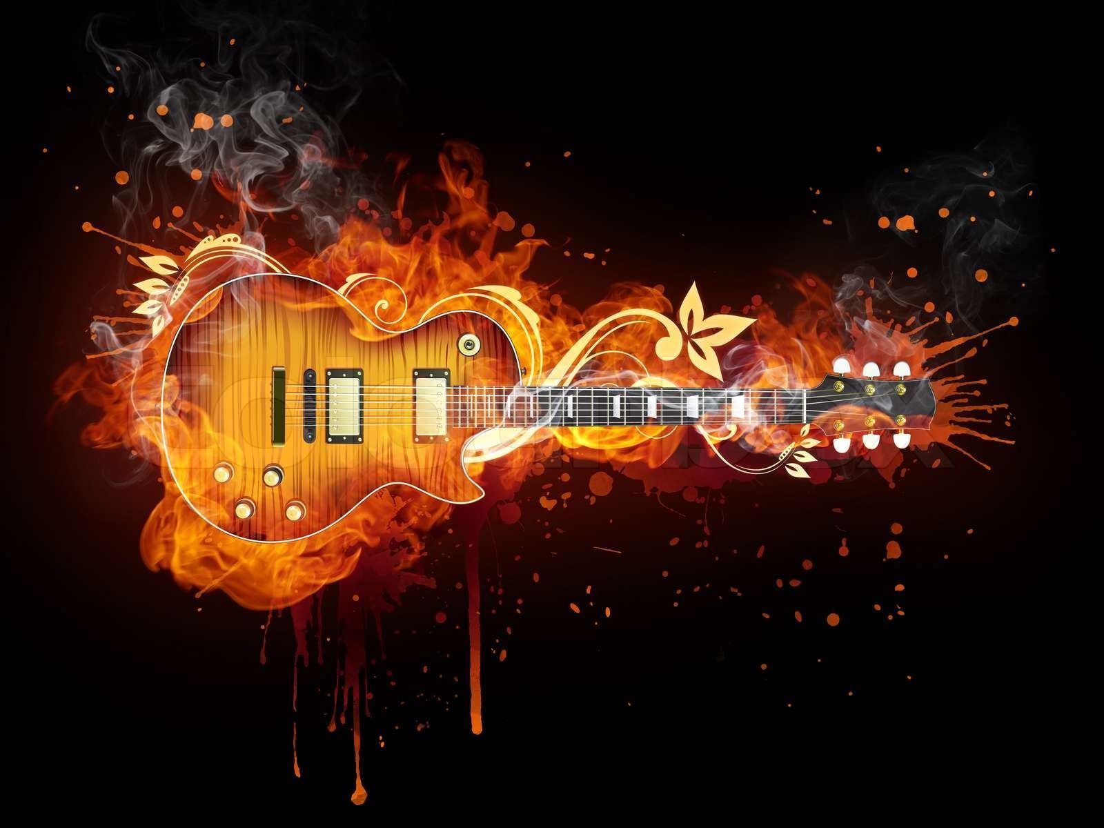 1600x1200 Electric Guitar in fire Isolated on Black Background. Computer Graphics