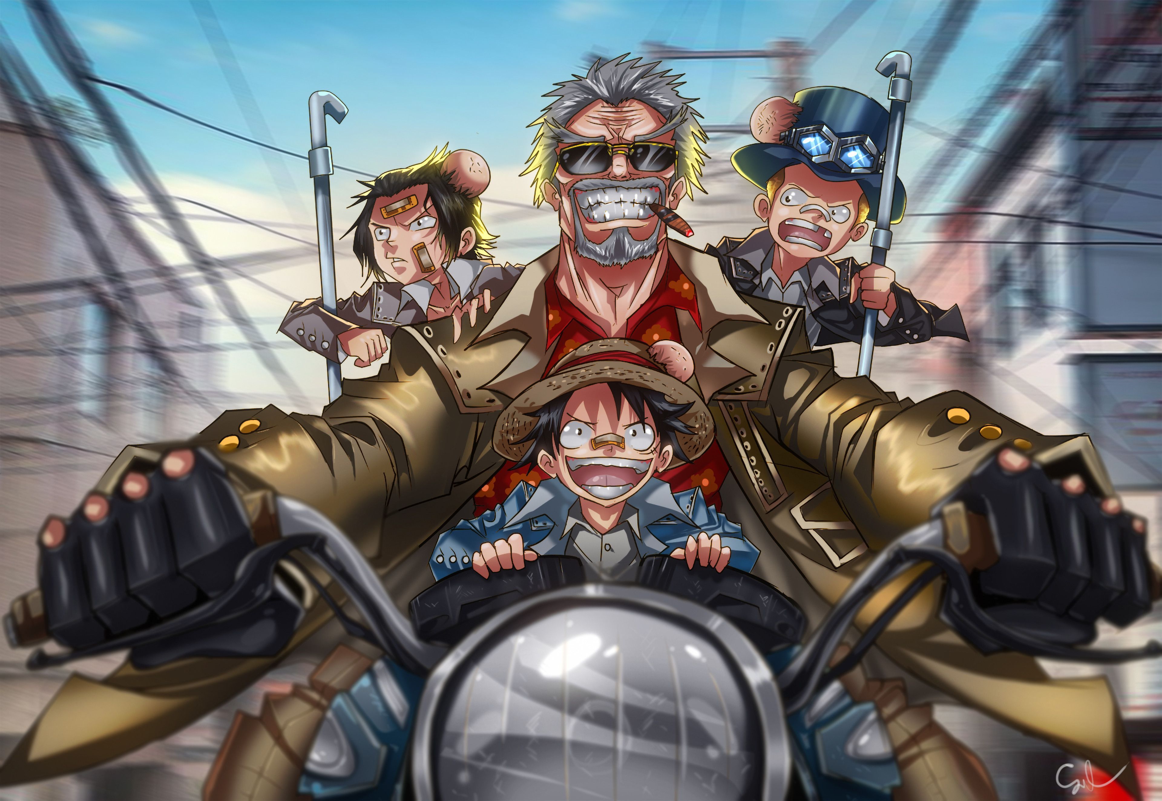 3840x2648 monkey d. luffy, portgas d. ace, sabo, and monkey d. garp (one piece) drawn