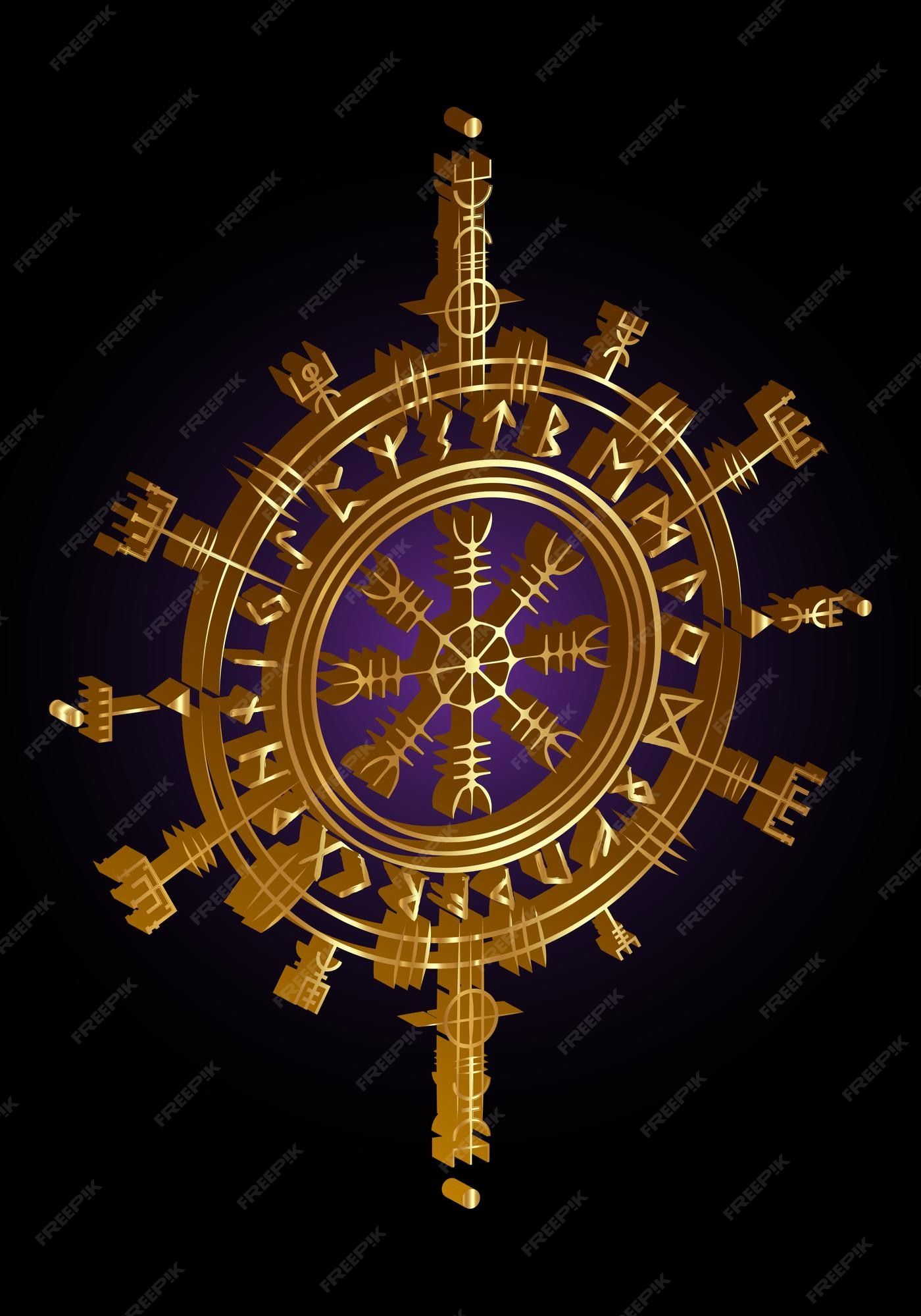 1400x2000 Premium Vectord gold viking pagan asatru runic compass, vegvisir rune circle viking norse mythology. golden sign