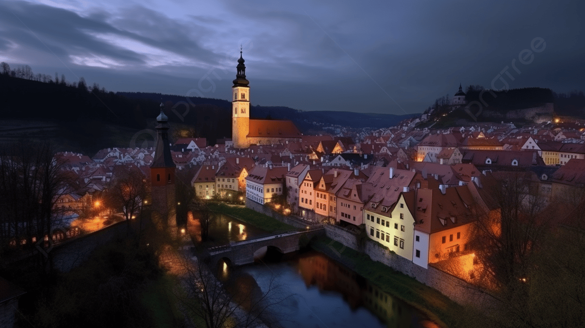 1200x673 Town Of Cedar Forests Background, Cesky Krumlov At Dusk, Czech Republic, HD Photography Photo Background Image And Wallpaper for Free Download