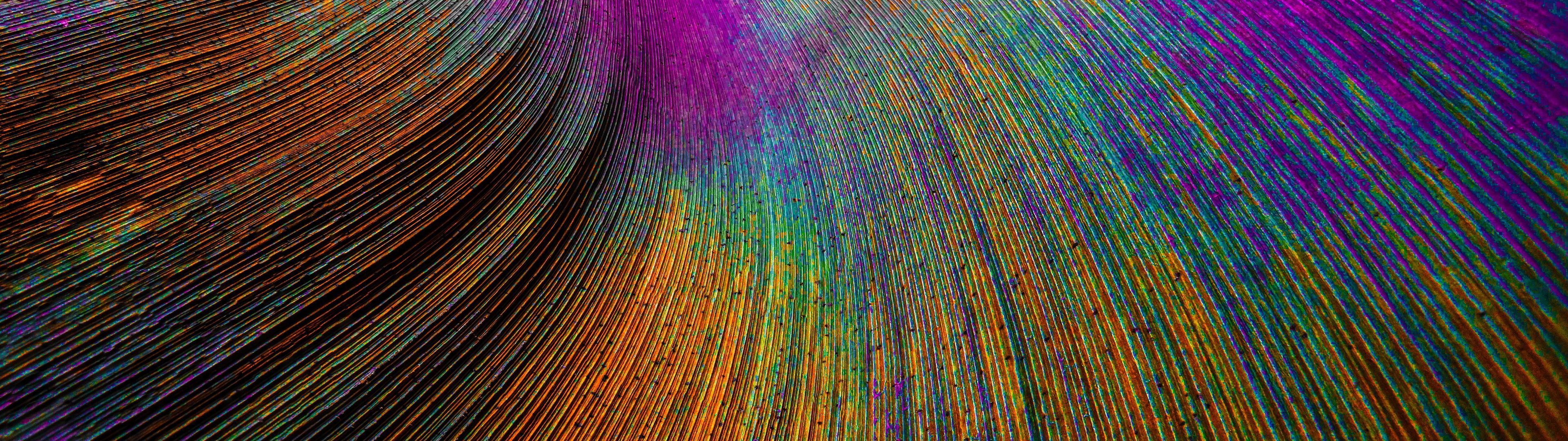 3840x1080 Peacock feather Wallpaper 4K, Curved lines, Colorful, Particles