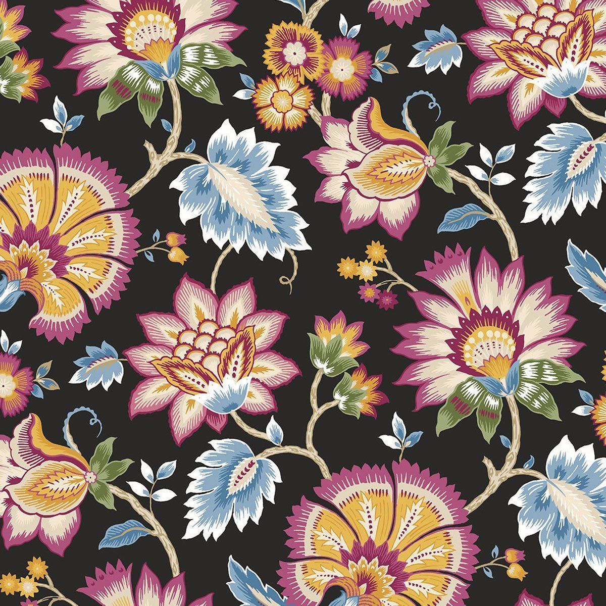 1200x1200 NextWall Peel & Stick Jacobean Blossom Floral Cosmic Black Wallpaper