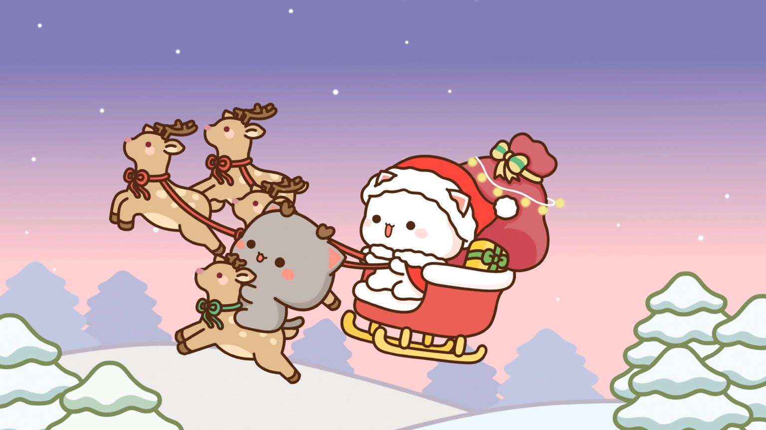1536x864 Peach & Goma Christmas Reindeer Sleigh Ride Wallpaper