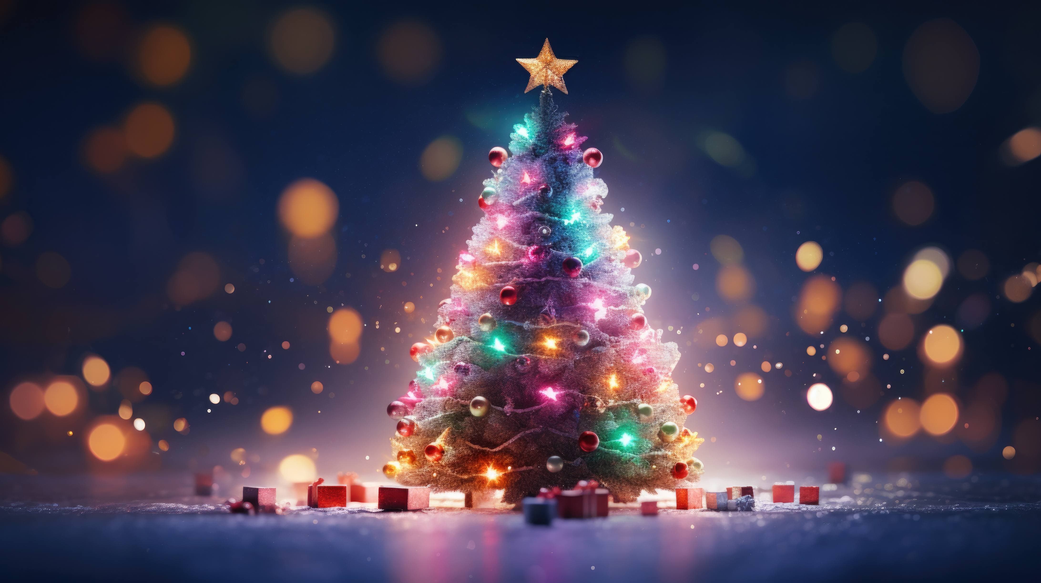 4368x2448 A desktop wallpaper of a beautifully decorated Christmas tree