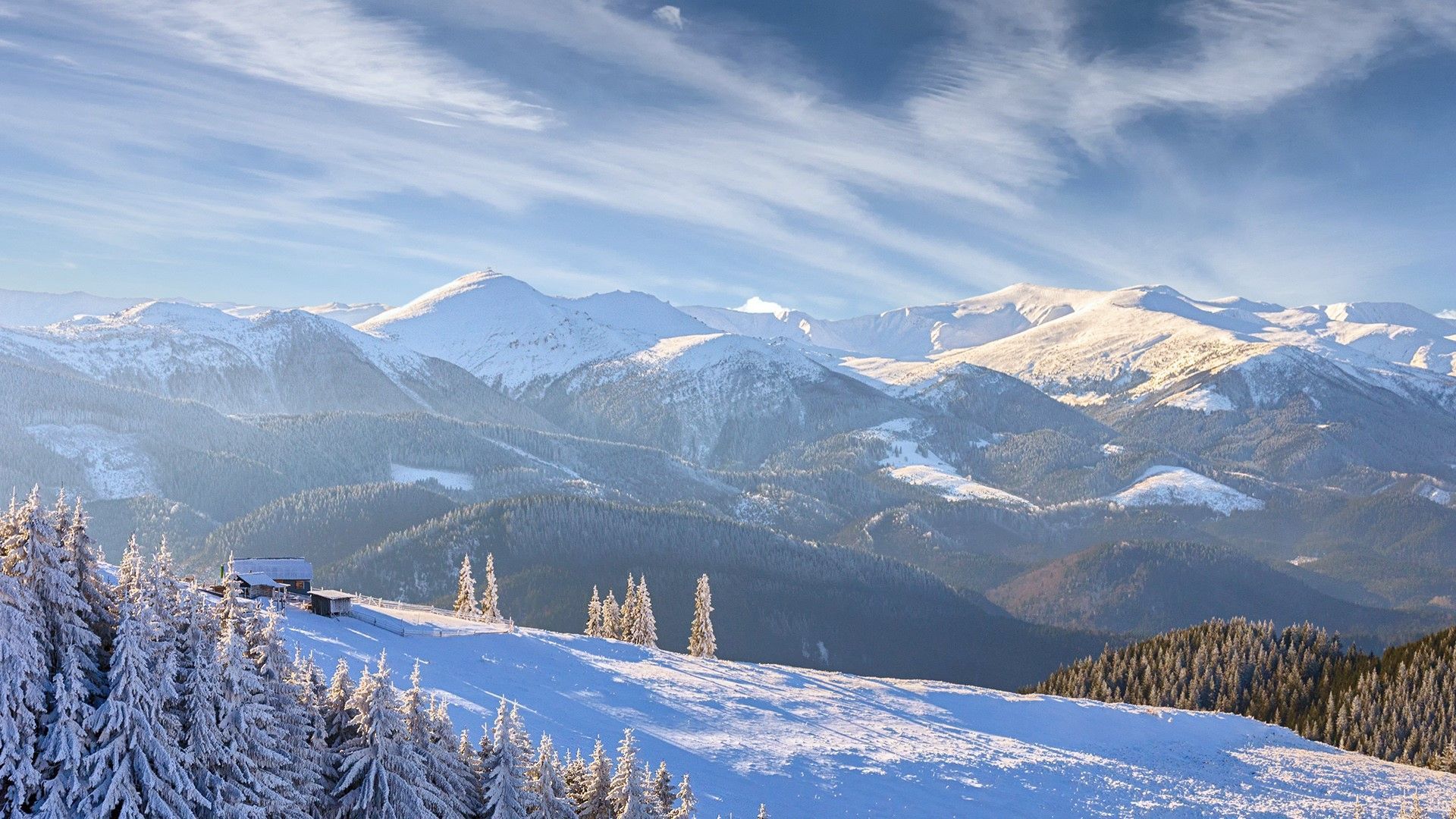 1920x1080 Fantastic winter landscape under dramatic overcast sky, Caucasus mountains. Windows Spotlight Image