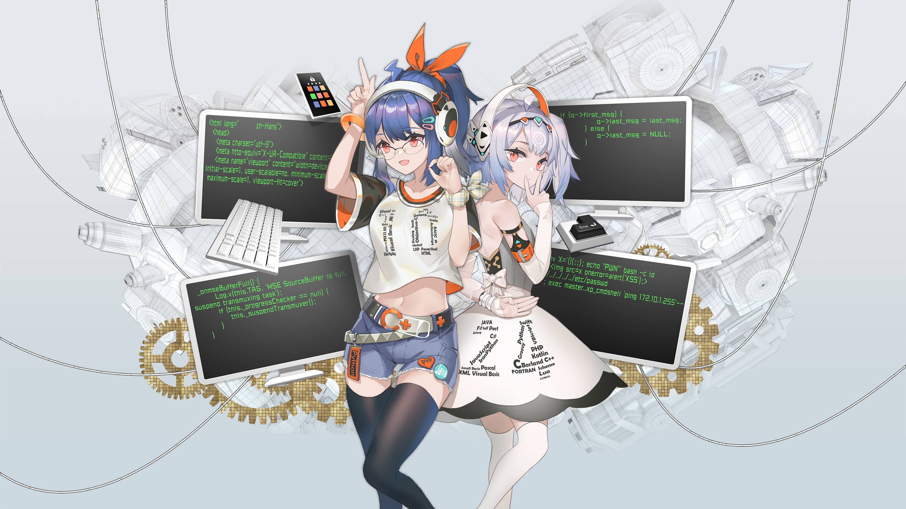 3840x2160 programmers, anime girls, anime, headphones, glasses, stockings, programming, programming languagex2160 Wallpaper