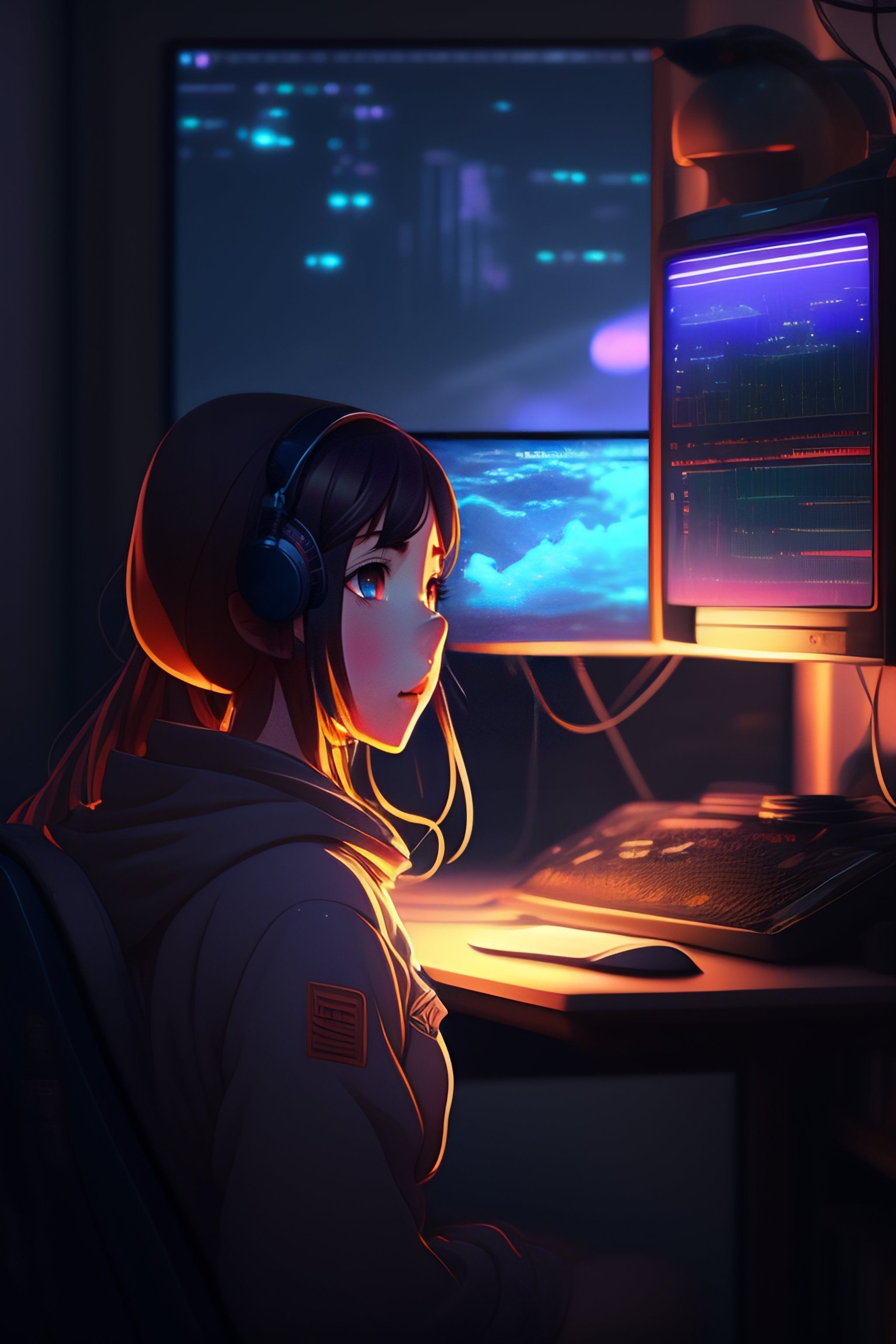 2048x3072 Lexica Anime Girl is programming at a computer, cozy, by makoto shinkai and ghibli studio, dramatic lighting, highly detailed, incredible qual
