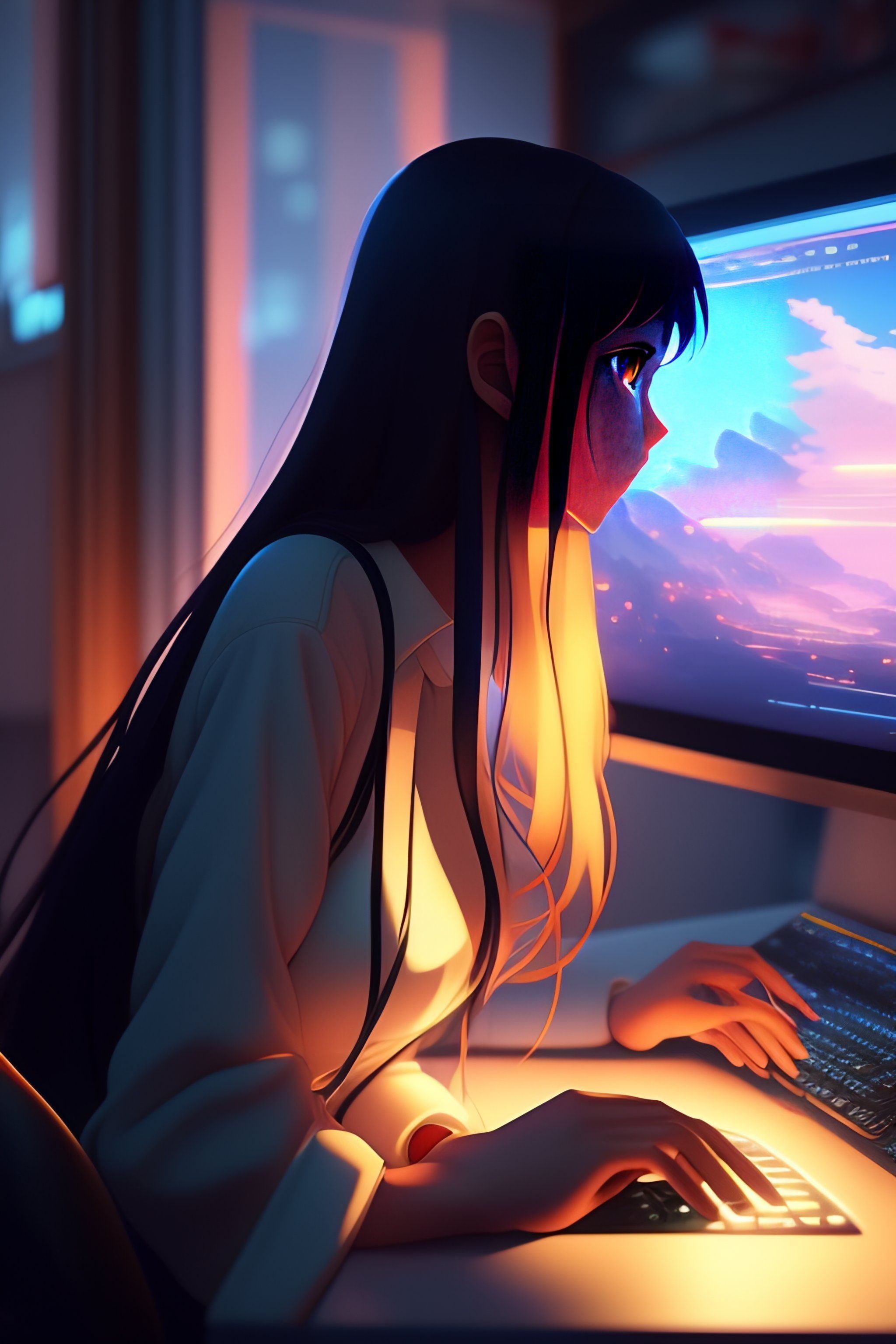 2048x3072 Lexica a high resolution artwork of Anime Girl is programming at a laptop in a room, web developer, by makoto shinkai and ghibli studio, out