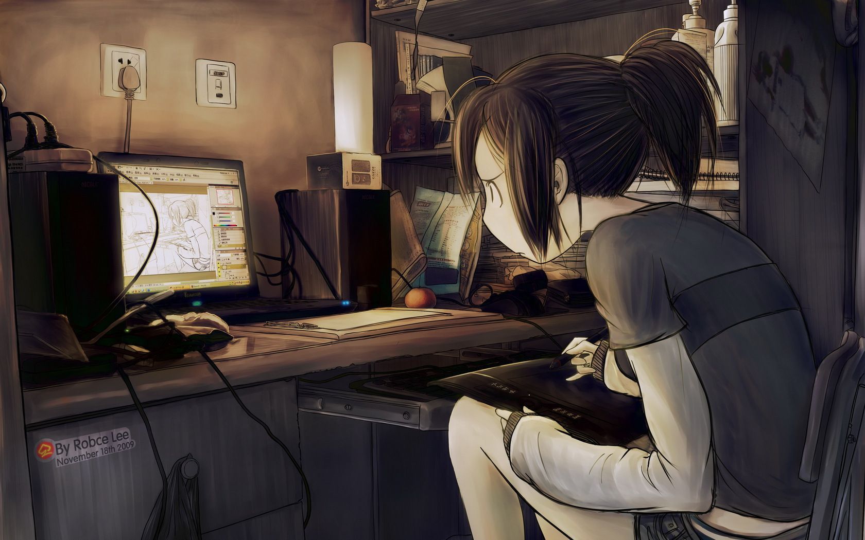 1680x1050 Original Tablet Computer Drawing Girl Art Anime wallpaperx1050
