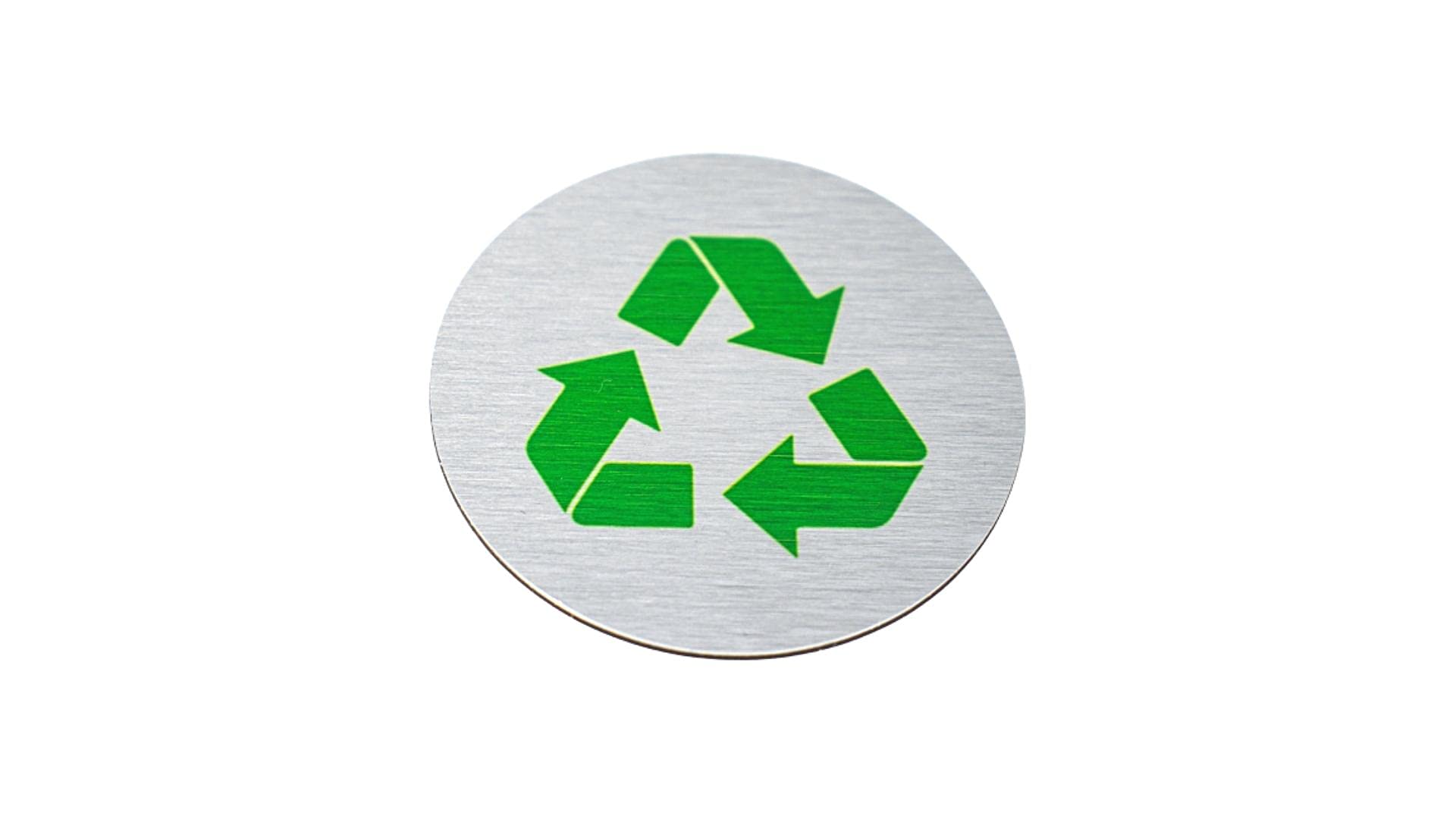 1920x1080 Round, Metal Recycle Signs. Recycle Bin Marker. Sign for Recycling Basket. Brushed Silver Aluminum with Green Recycle Symbol. Signs for Sustainability