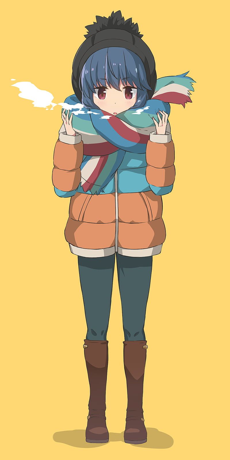 800x1600 Yuru Camp, Rin Shima, standing, yellow background, anime girls, anime, HD phone wallpaper
