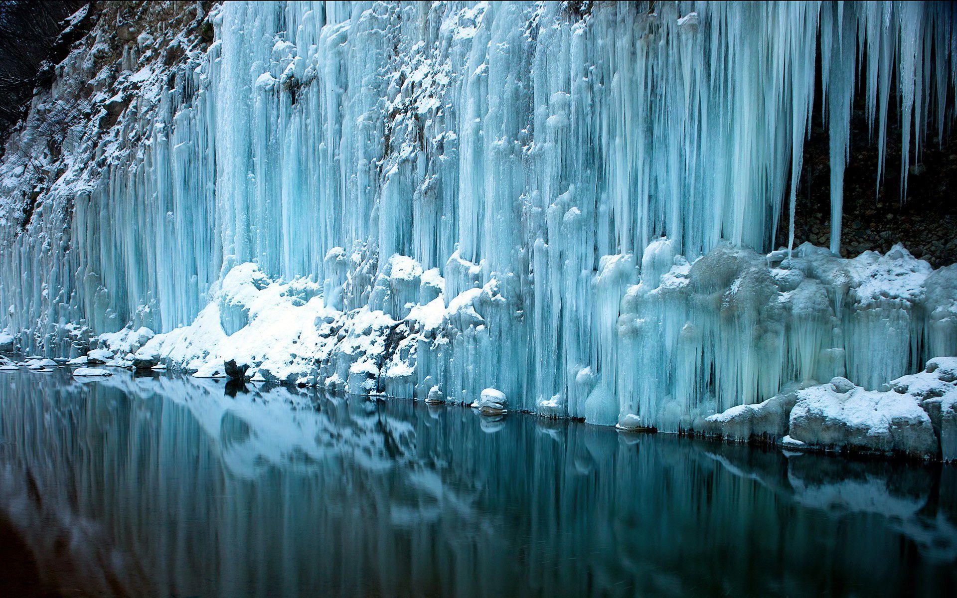 1920x1200 Ice waterfall water reflection rivers freeze frozen snow winter wallpaperx1200