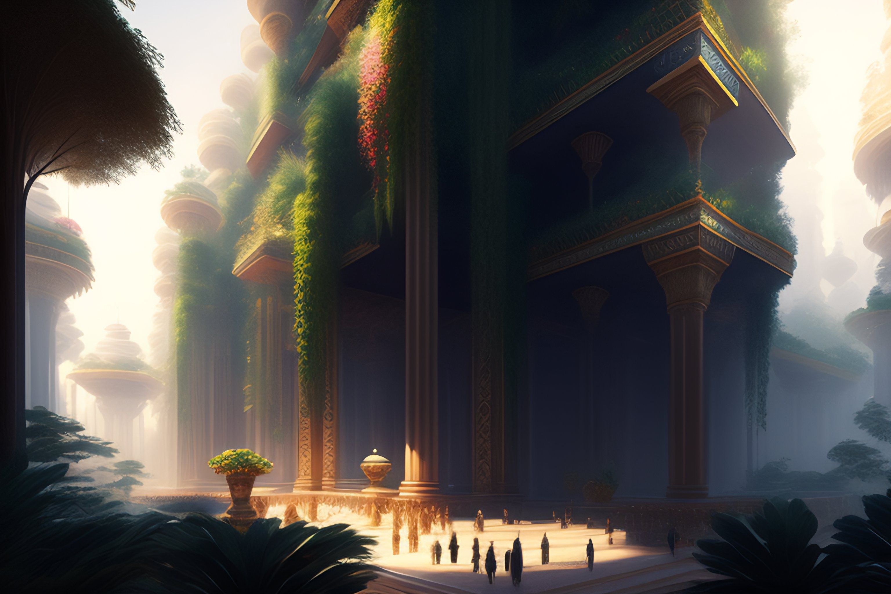 3072x2048 Lexica view of the hanging gardens of babylon, intricate, elegant, volumetric lighting, digital painting, highly detailed, artstation