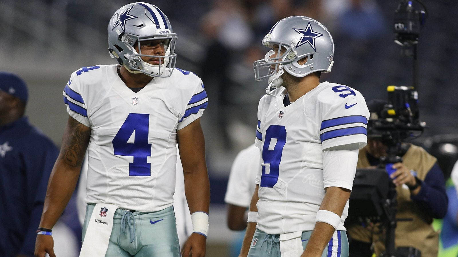 1600x900 Download Dak Prescott with Tony Romo of camaraderie on the field Wallpaper