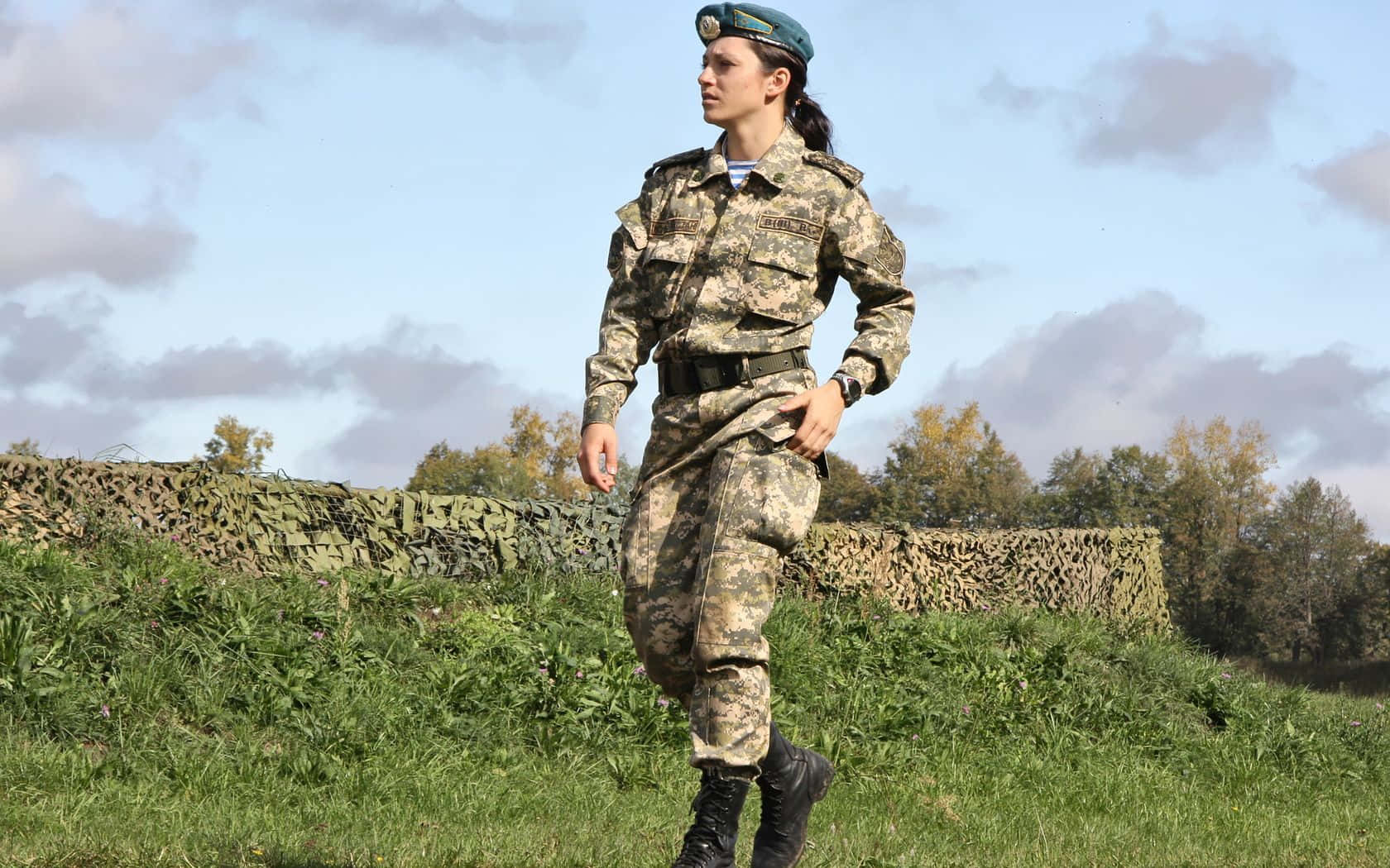 1680x1050 Download Woman Walking Soldier Uniform Wallpaper